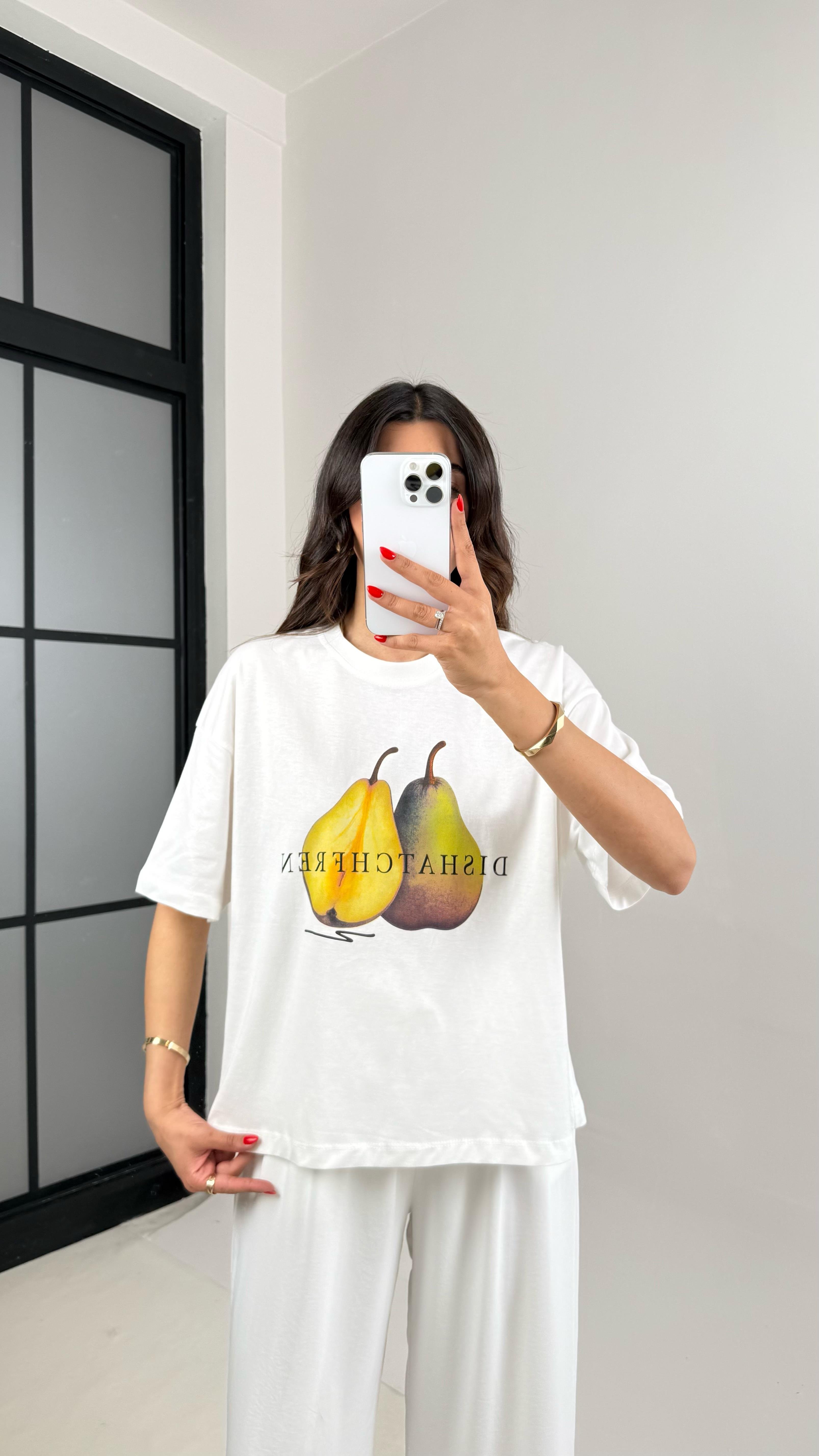 Beyaz Armut Baskılı Basic Tshirt Gaus00464GausTSHIRTGU1002086