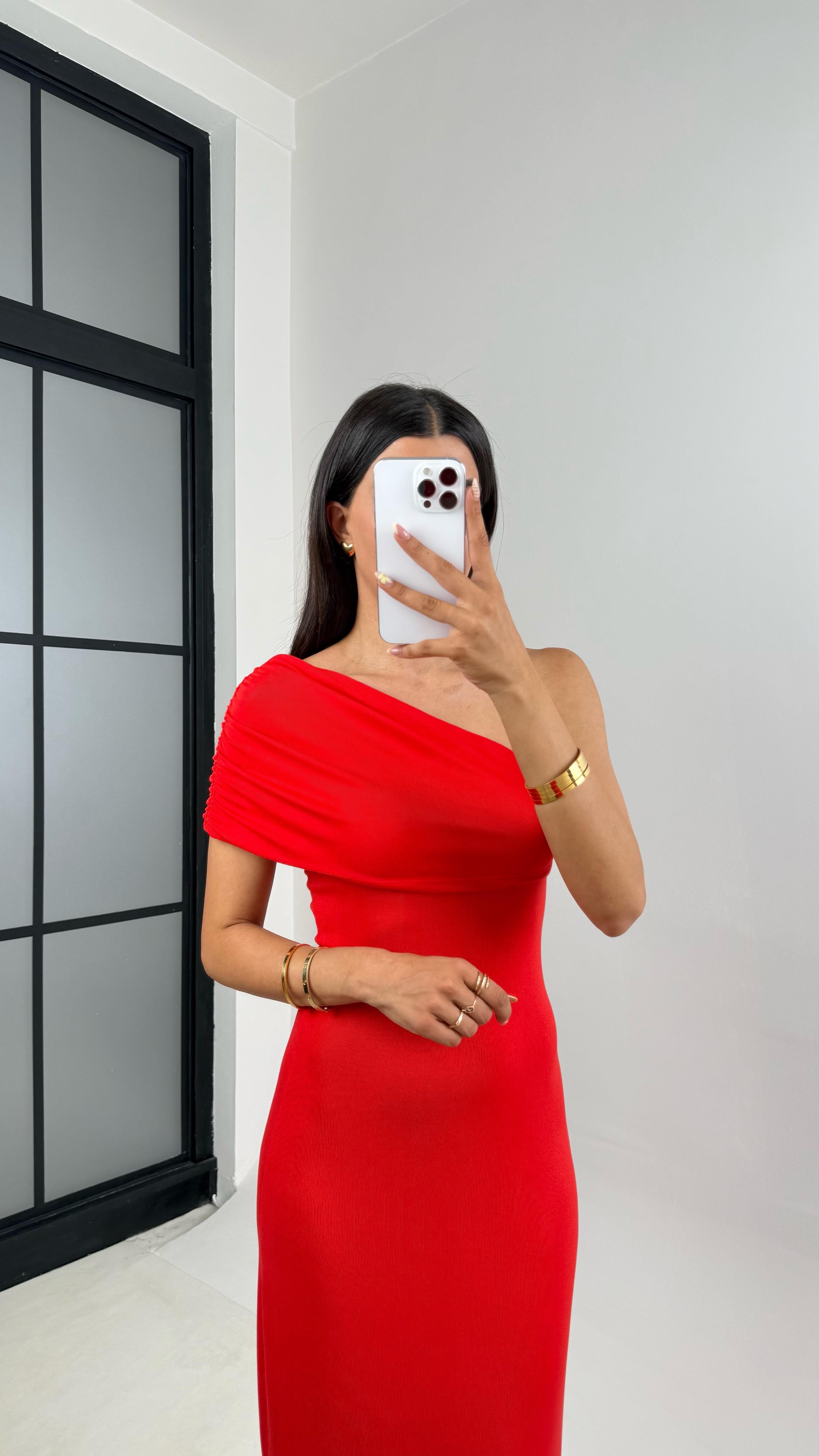 Kırmızı Tek Omuz Maxi Boy Elbise Gaus00685GausELBİSEGU1002580