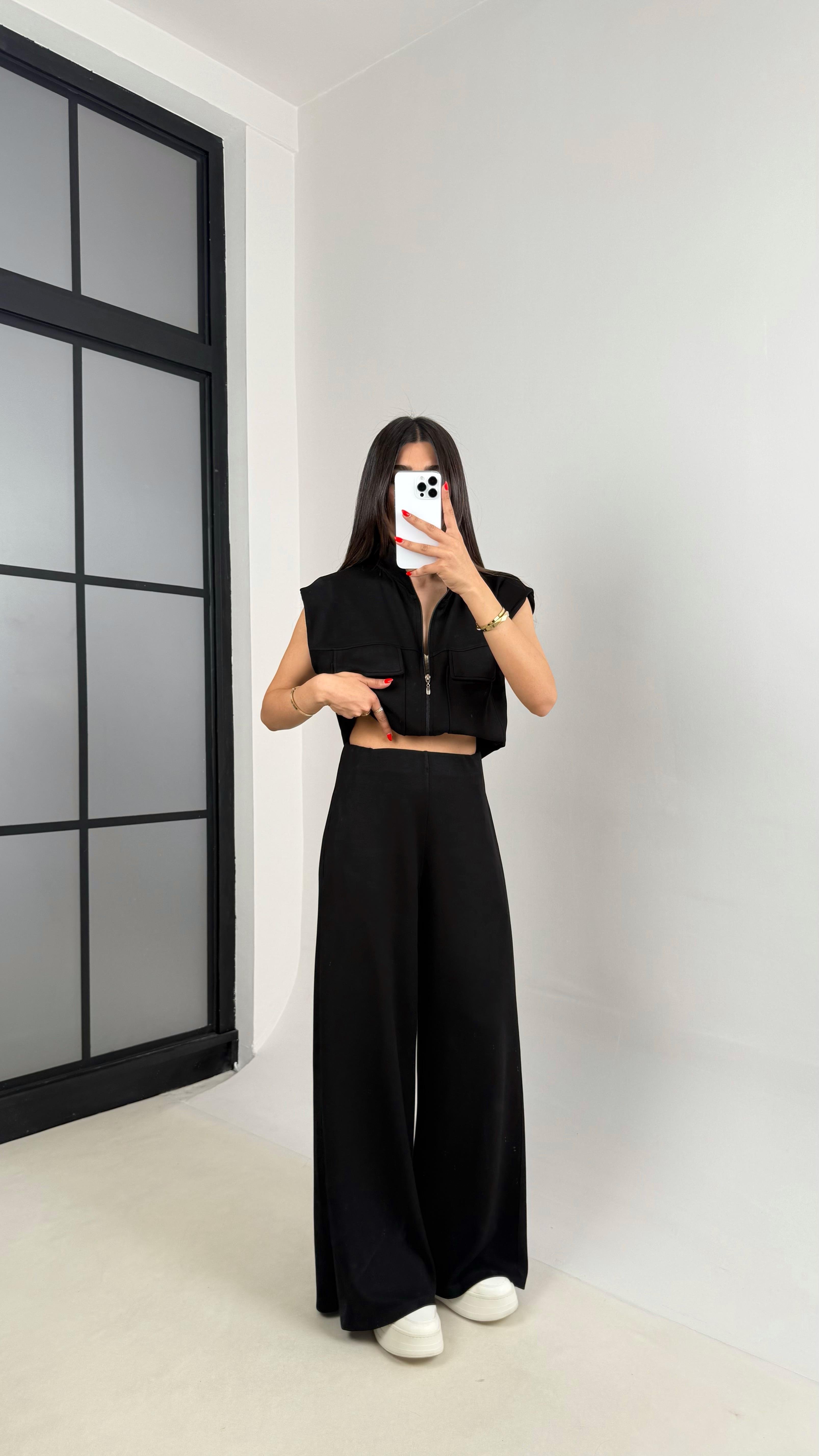 Siyah Cepli Yelek Beli Lastikli Pantolon Modal Eşofman Takım Gaus00523GausTAKIMGU1002229