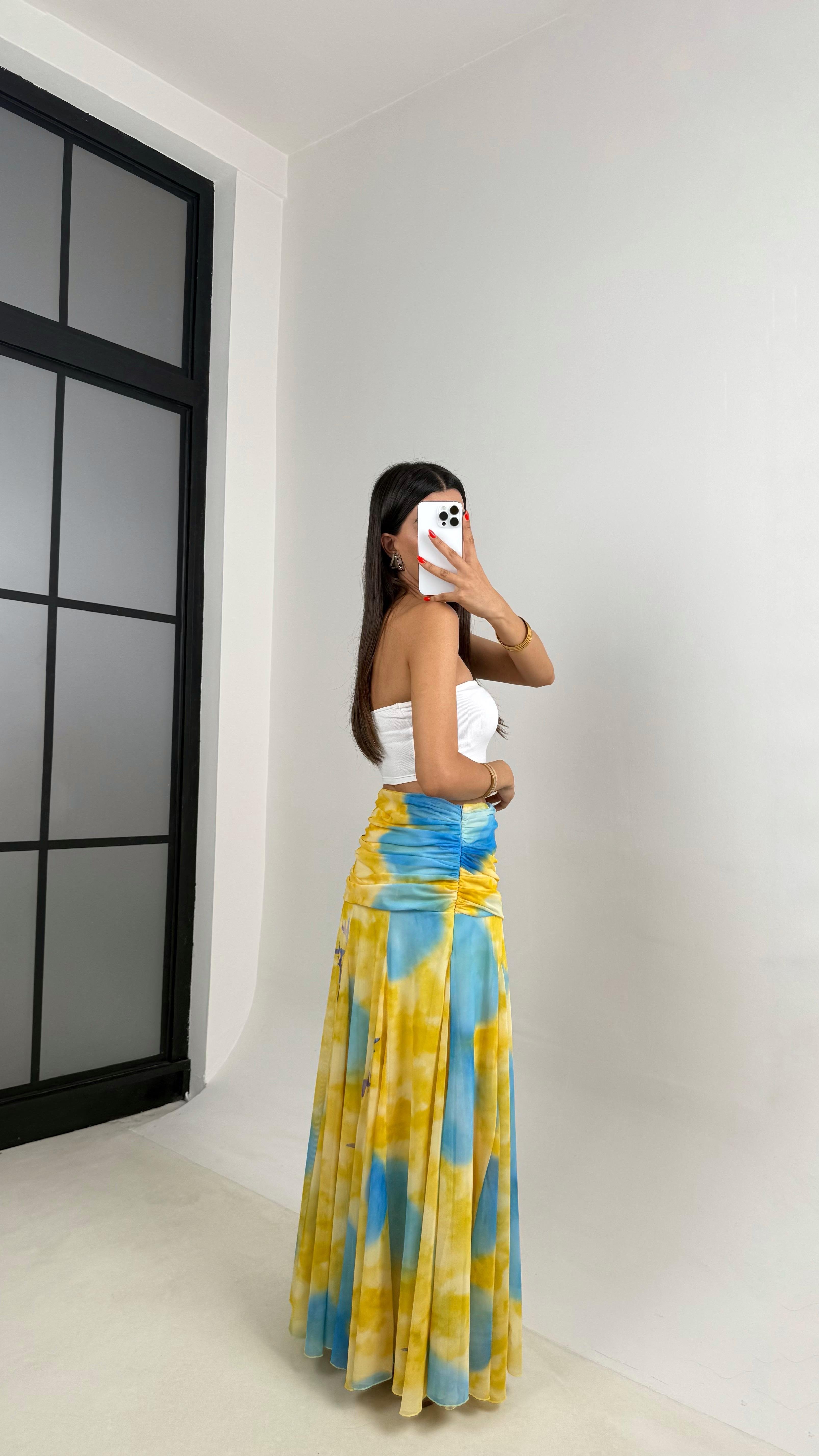 Sarı Çok Renkli Desenli Drape Detaylı Astarlı Şifon Etek GAUS-0023GAUSETEKGAUS-0023