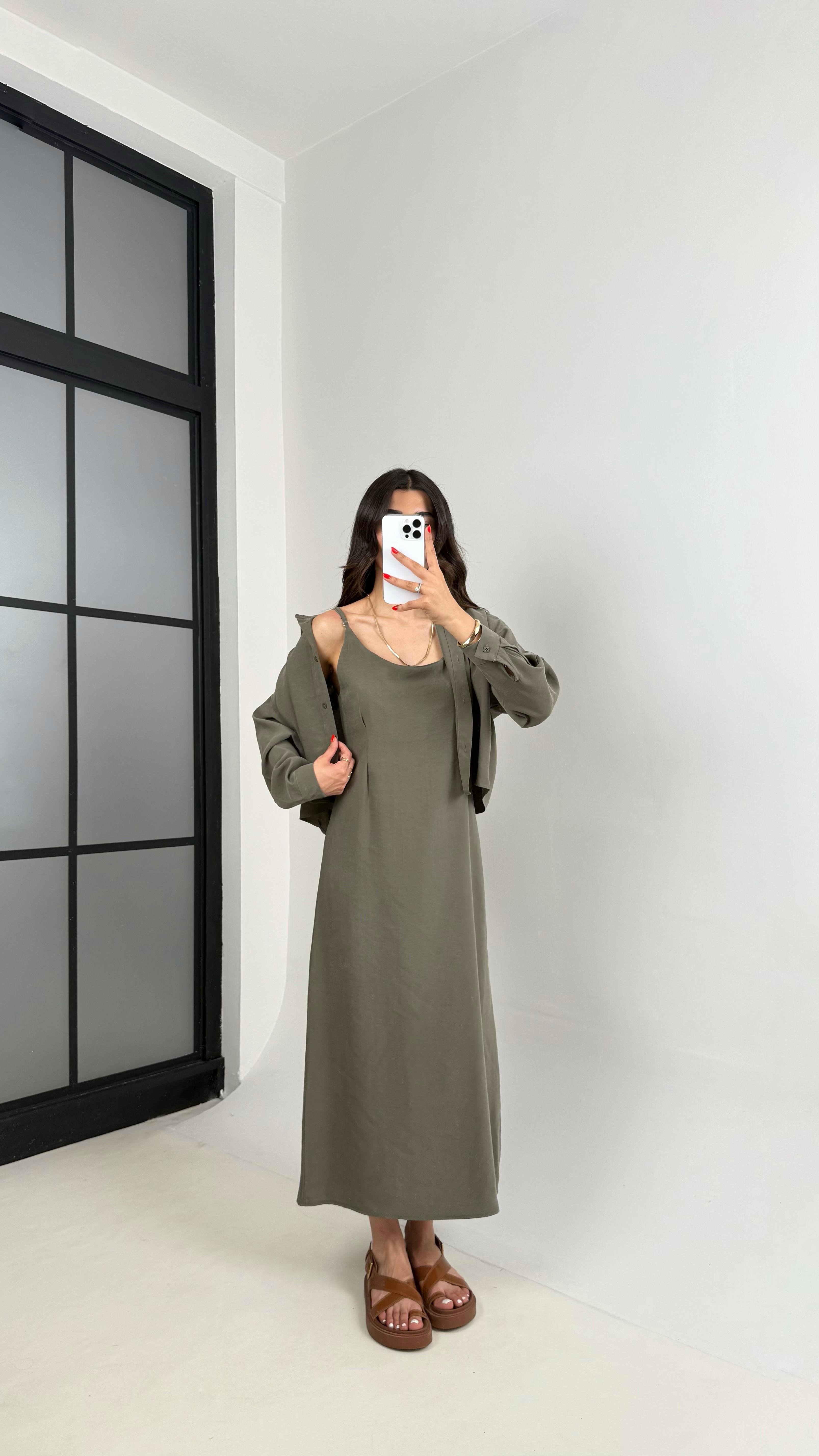 Haki Ayarlanabilir Askılı Elbise Gömlek İkili Tensel Takım Gaus00467GausTAKIMGU1002094