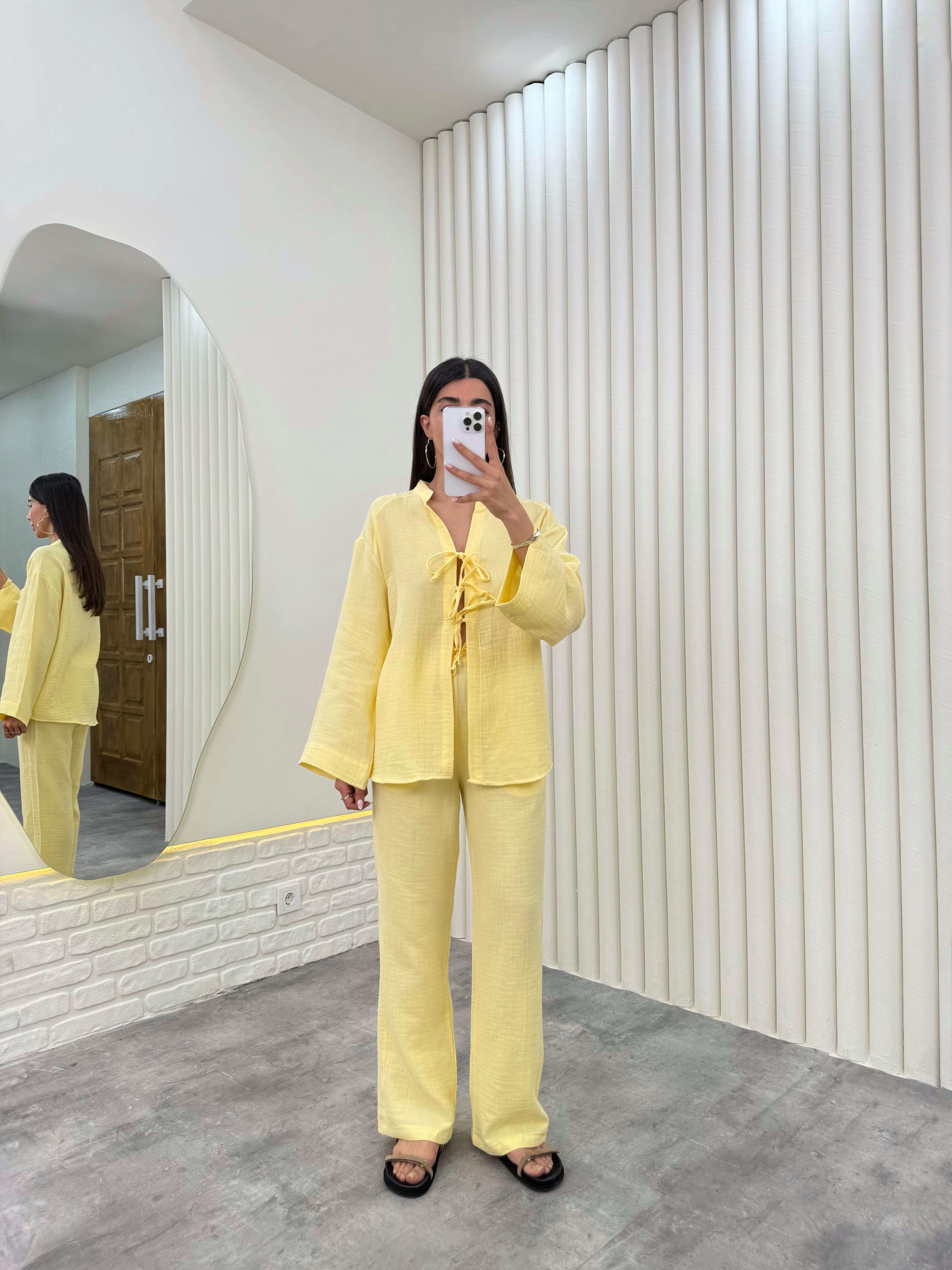 Sarı Önü Bağlamalı Beli Lastikli Müslin Kumaş Takım Gaus00282GausTAKIMGU1001657