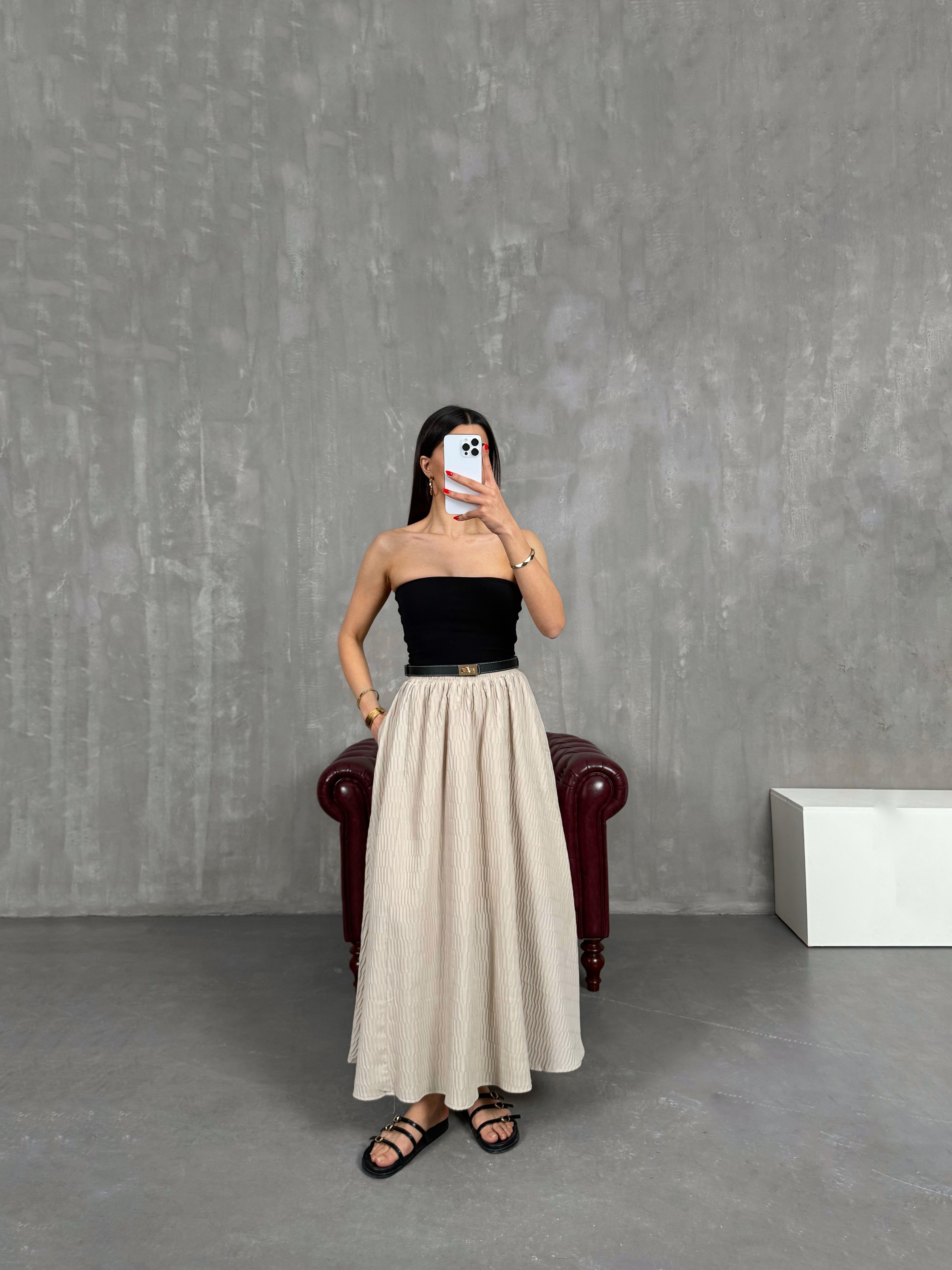 Vizon Beli Lastikli Astarlı Büzgü Detaylı Etek Gaus00196GausETEKGU1001462