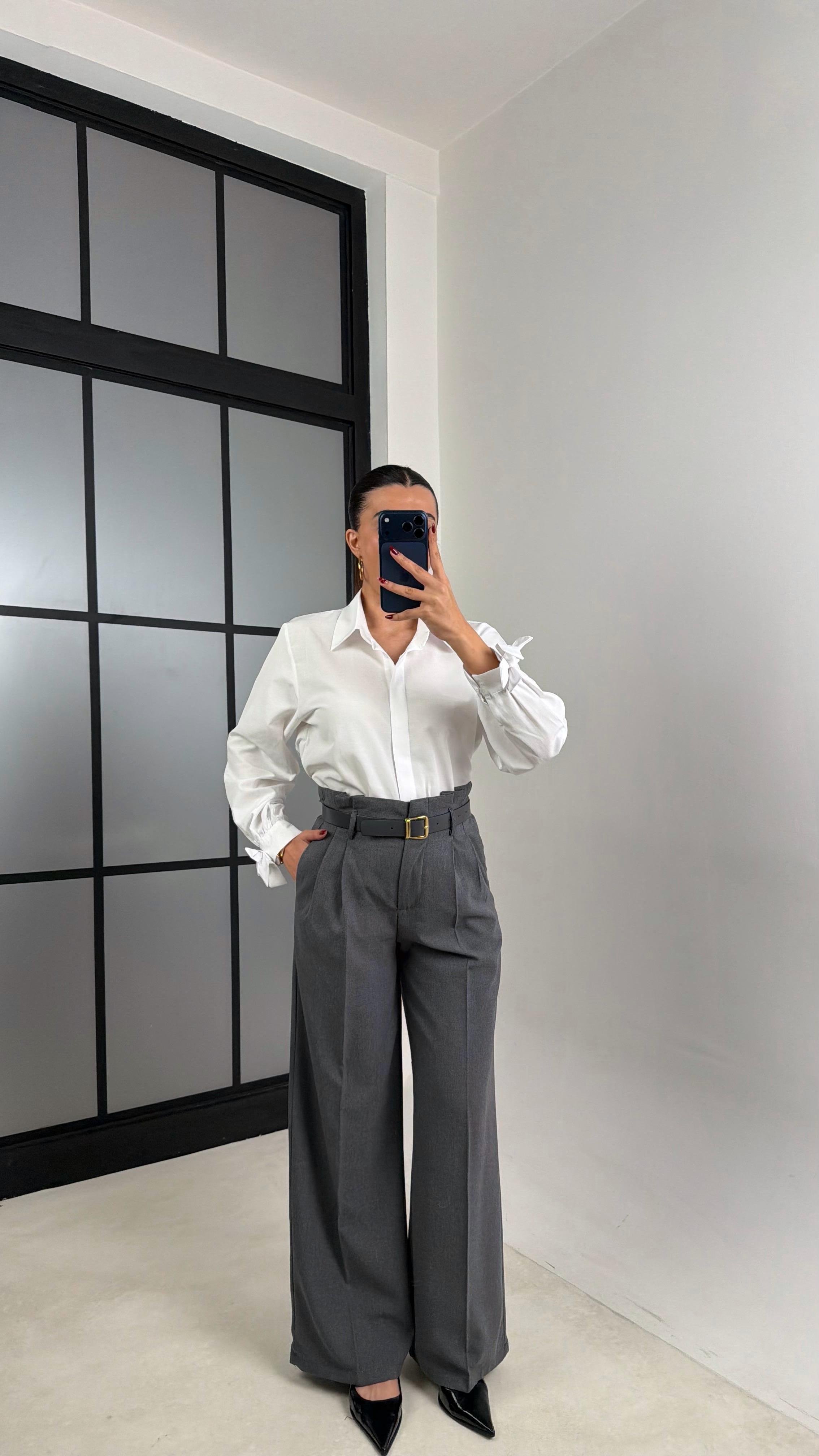 Antrasit Pile Detaylı Kemerli Kumaş Pantolon GAUS-00695GAUSPANTOLONGAUS-00695