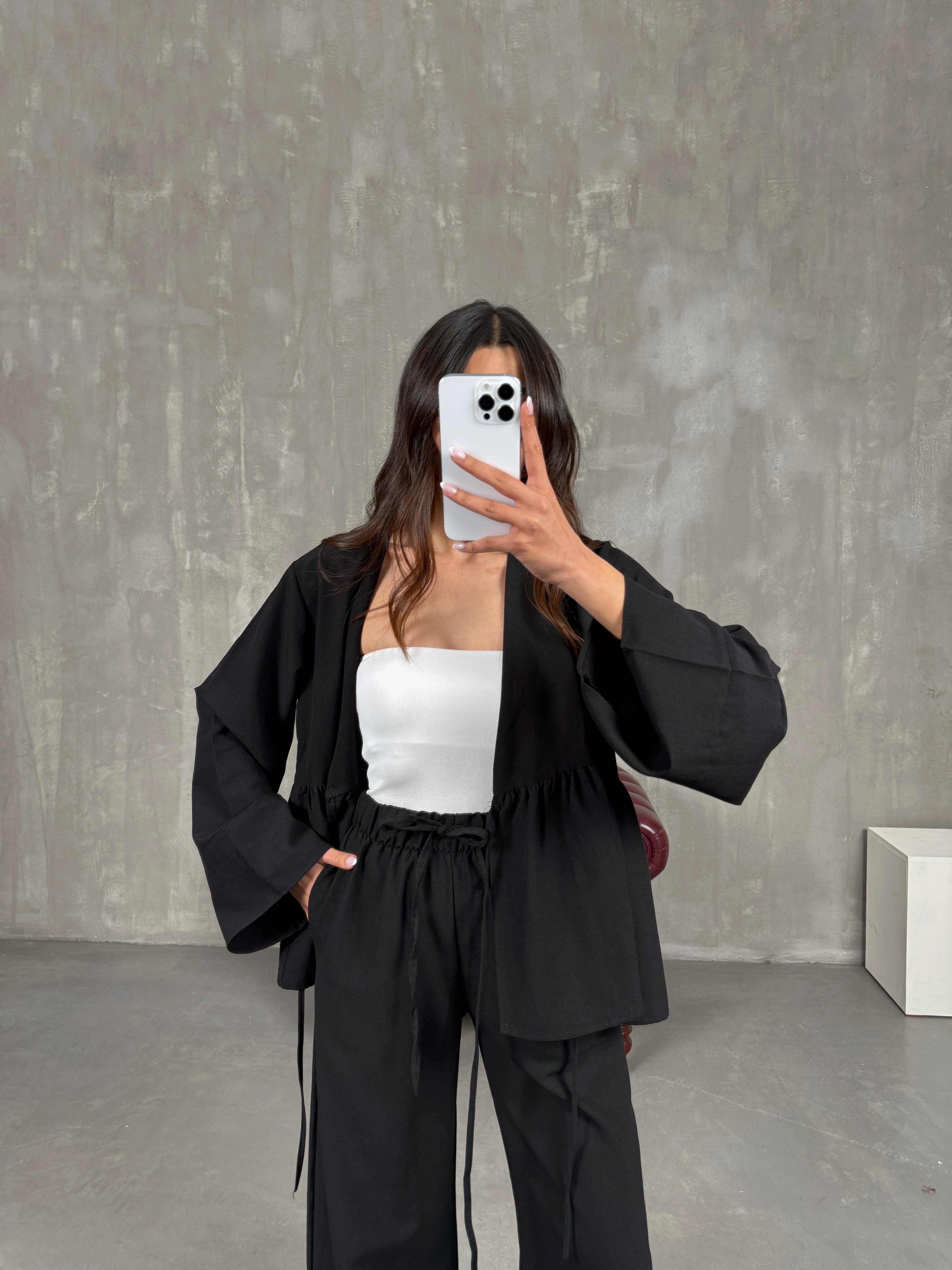 Siyah Önü Bağlamalı Gömlek Beli Lastikli Pantolon İkili Keten Takım Gaus00262GausTAKIMGU1001605