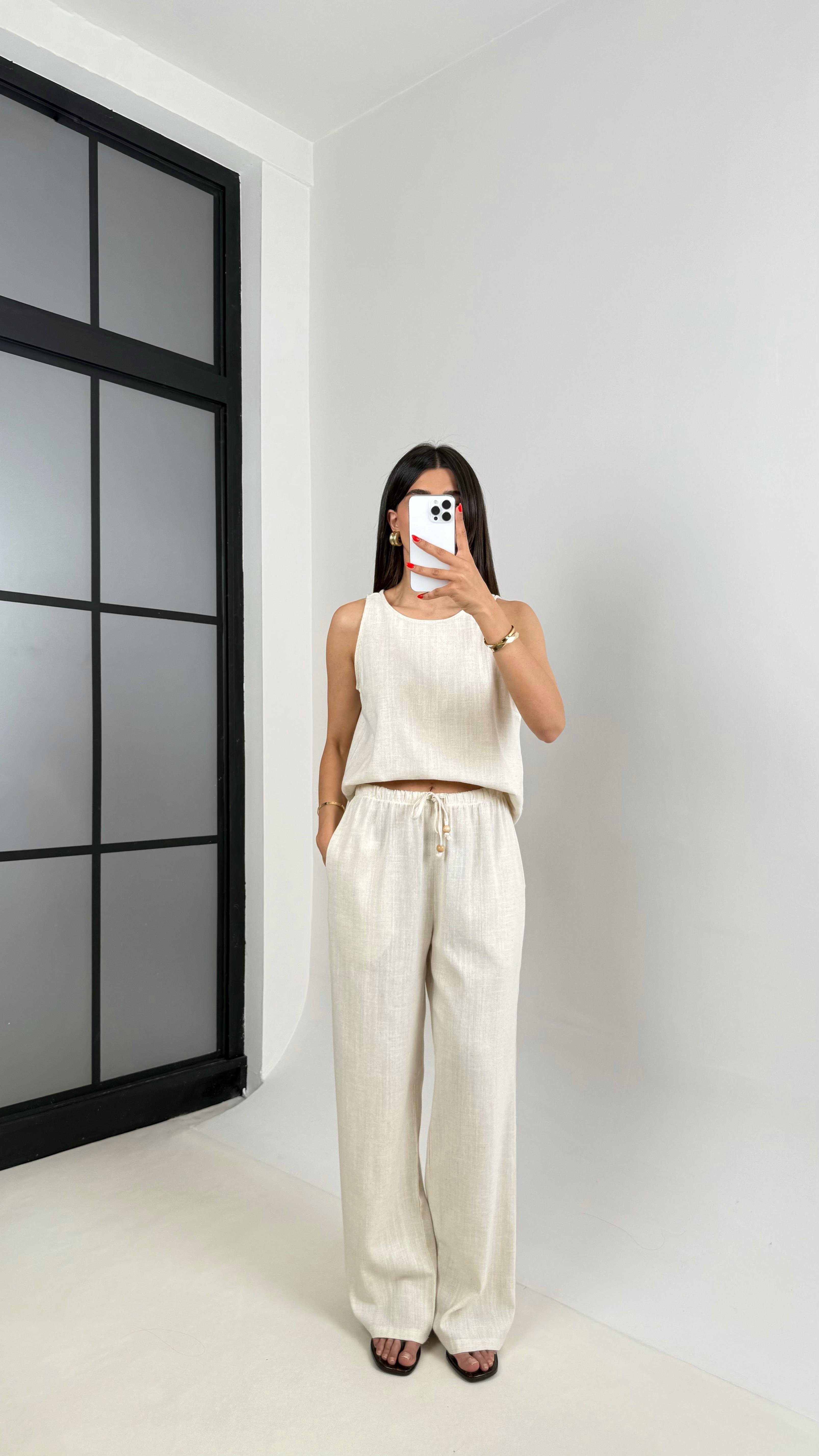 Taş Sıfır Kol Bluz Beli Lastikli Pantolon Md Muadil Keten Takım Gaus00495 GausTAKIMGU1002160