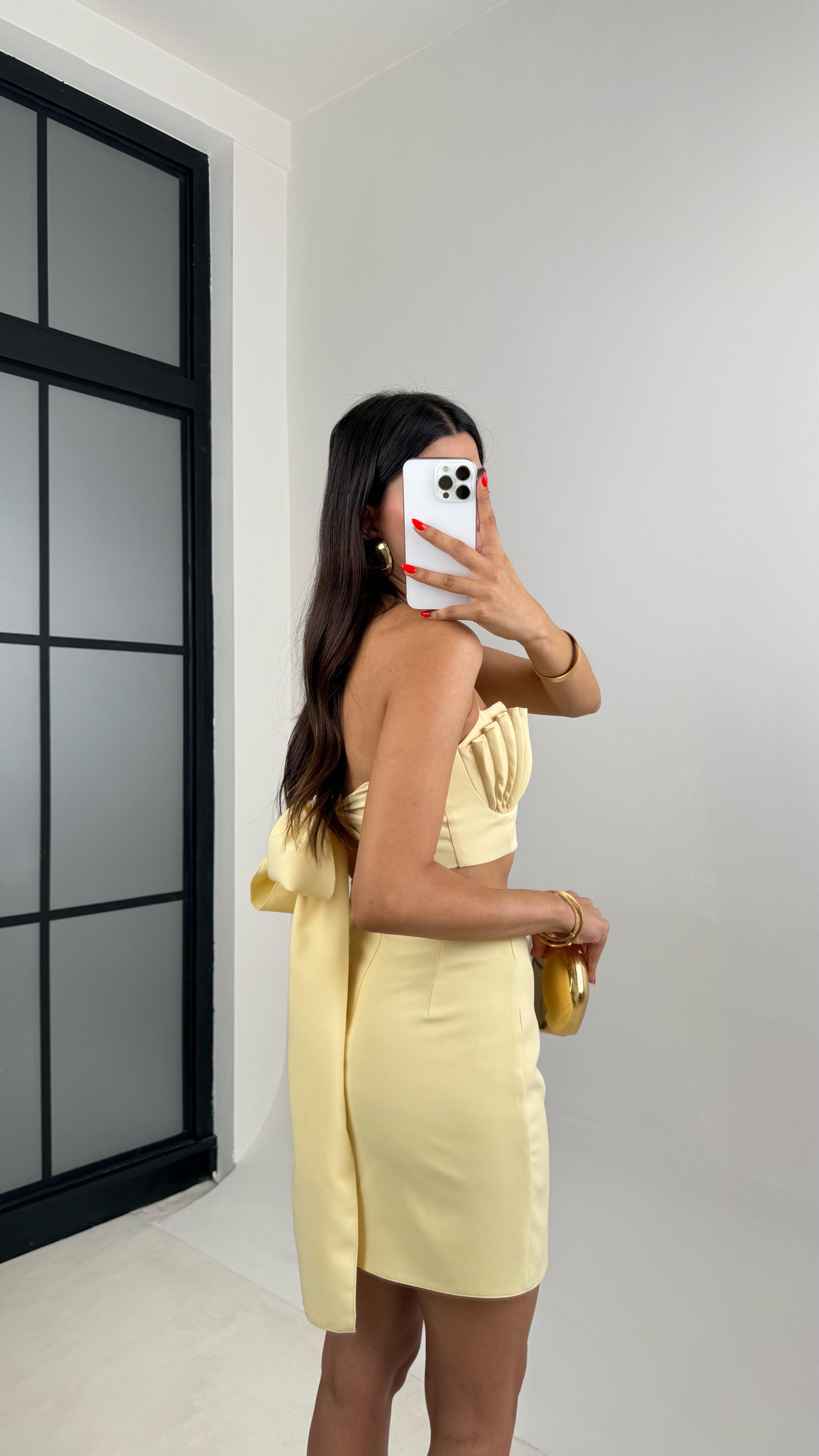 Sarı Boyundan Bağlamalı Crop Etek İkili Premium Tasarım Takım GAUS-0012GAUSTAKIMGAUS-0012