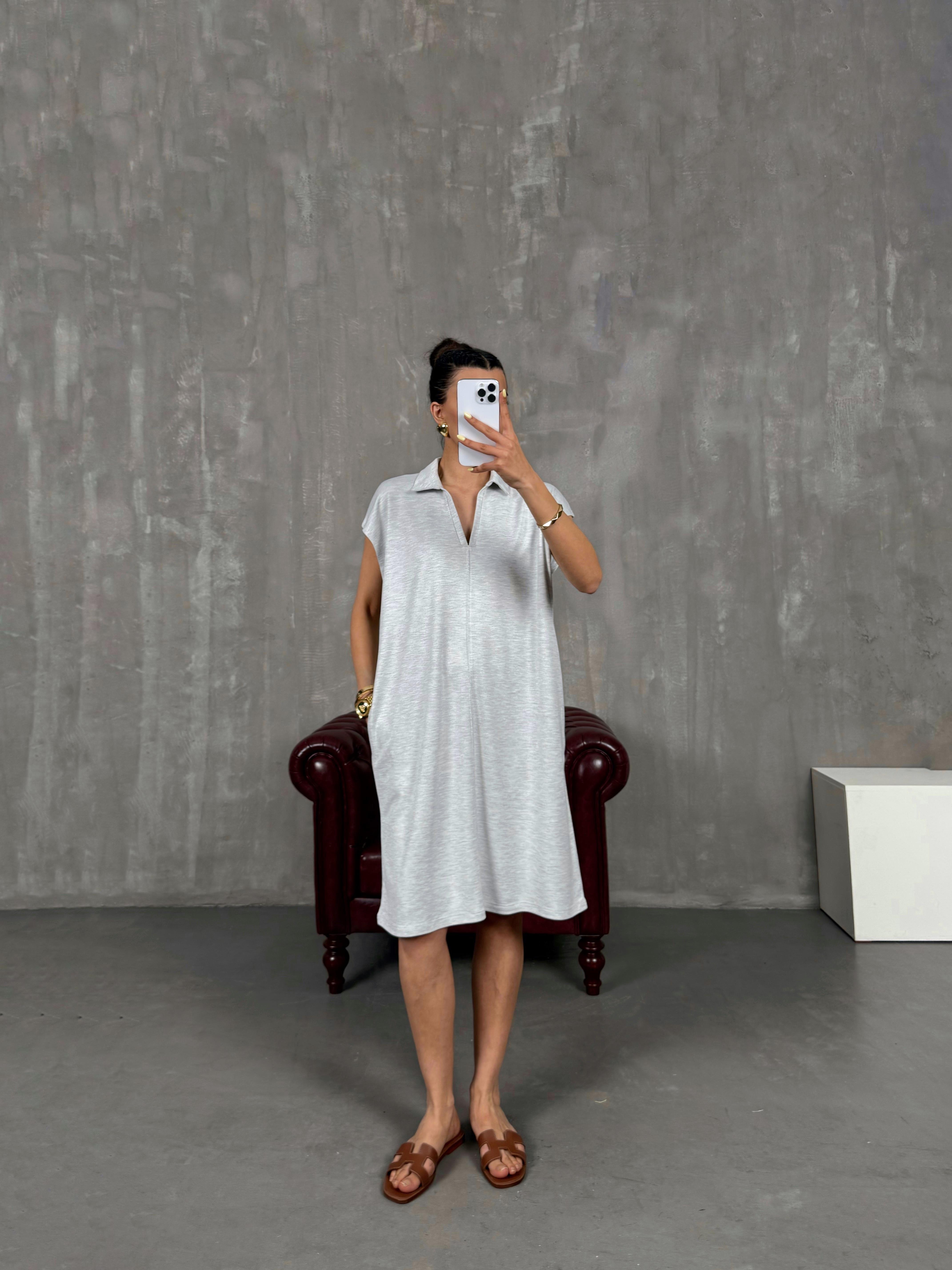 Gri V Polo Yaka Elbise Gaus00117GausELBİSEGU1001261