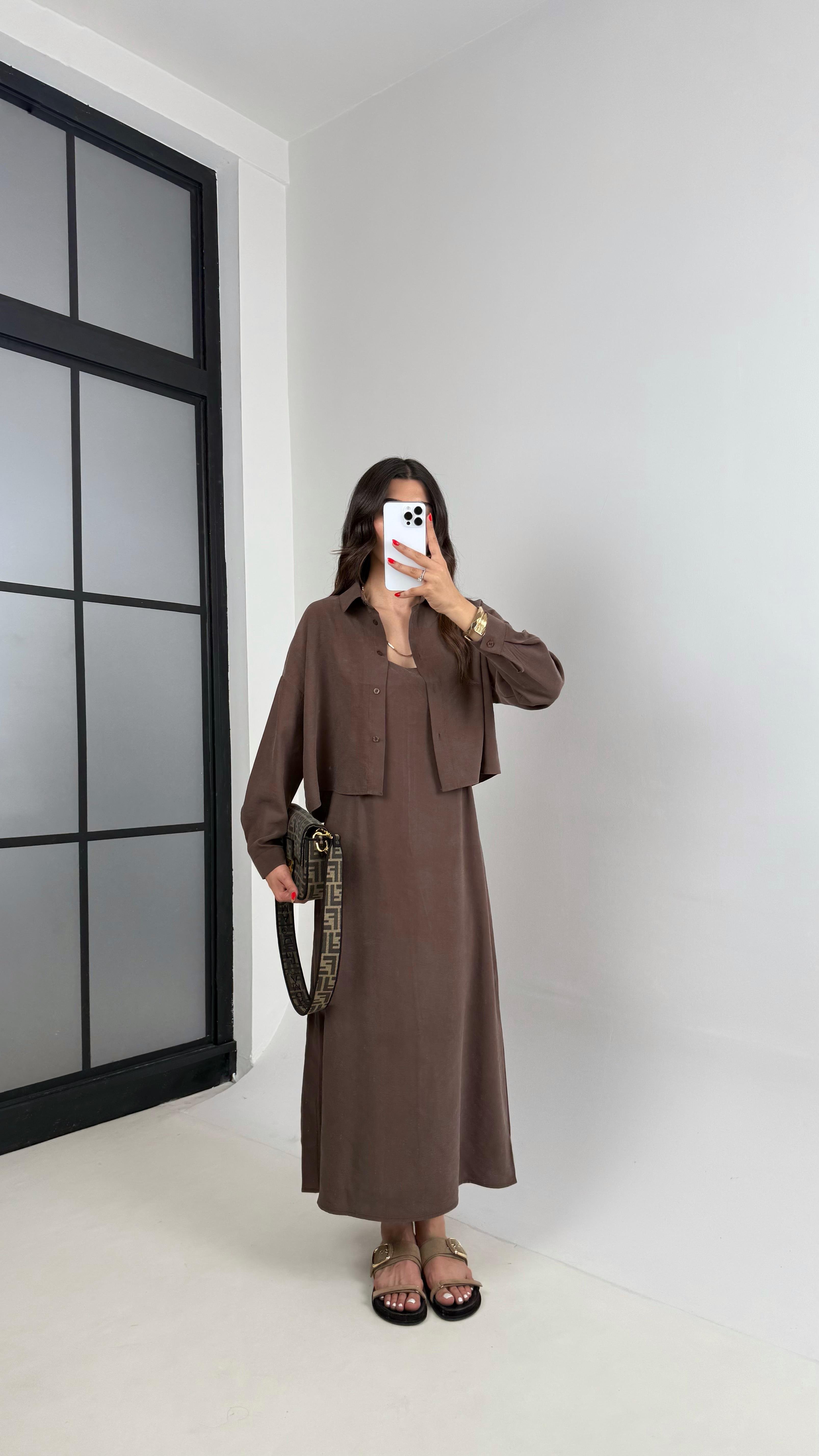 Acı Kahve Ayarlanabilir Askılı Elbise Gömlek İkili Tensel Takım Gaus00467GausTAKIMGU1002095