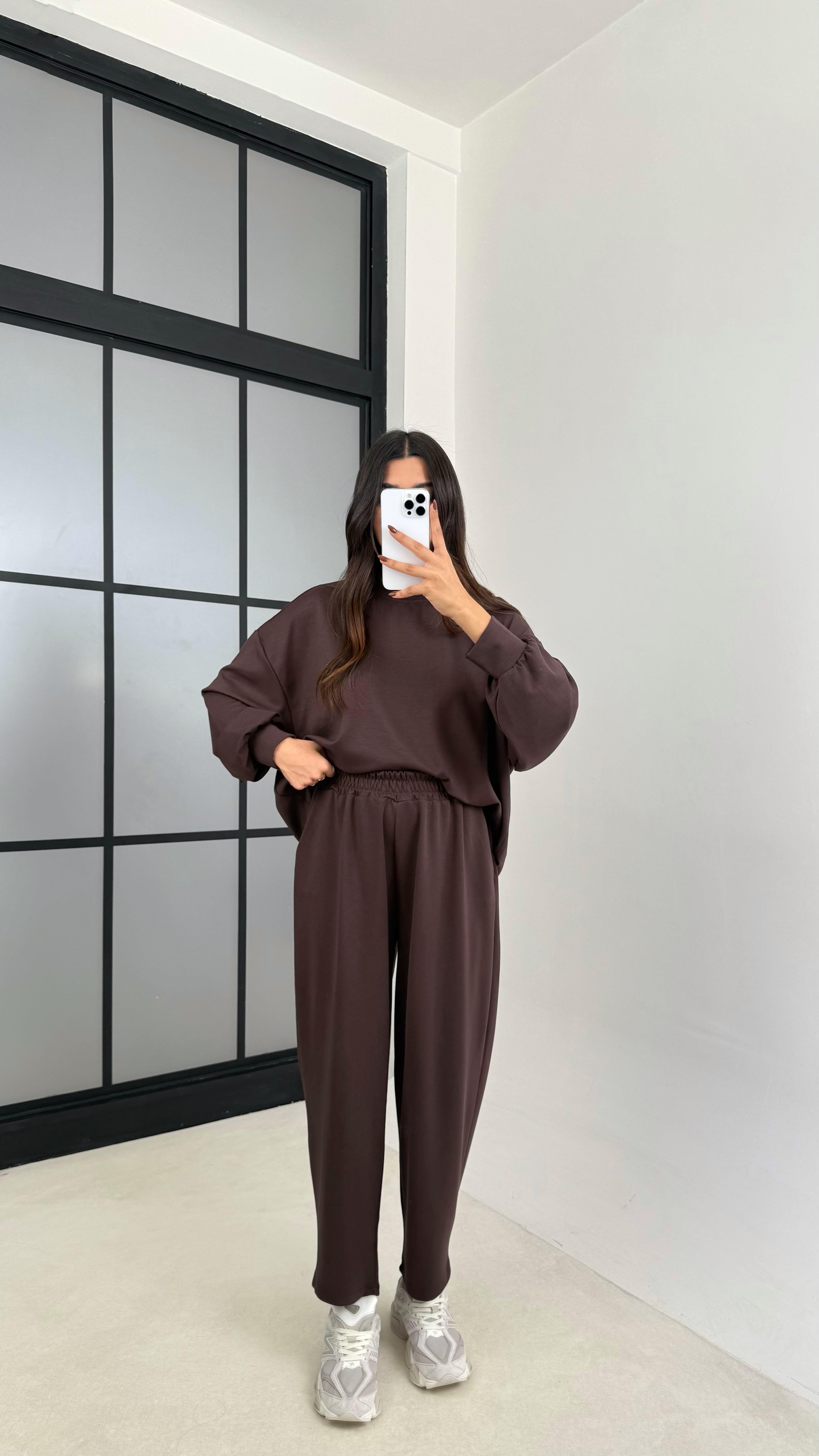 Acı Kahve Uzun Kol Kazak Beli Lastikli Pantolon İkili Modal Kumaş Takım GAUS-00135GAUSTAKIMGAUS-00135