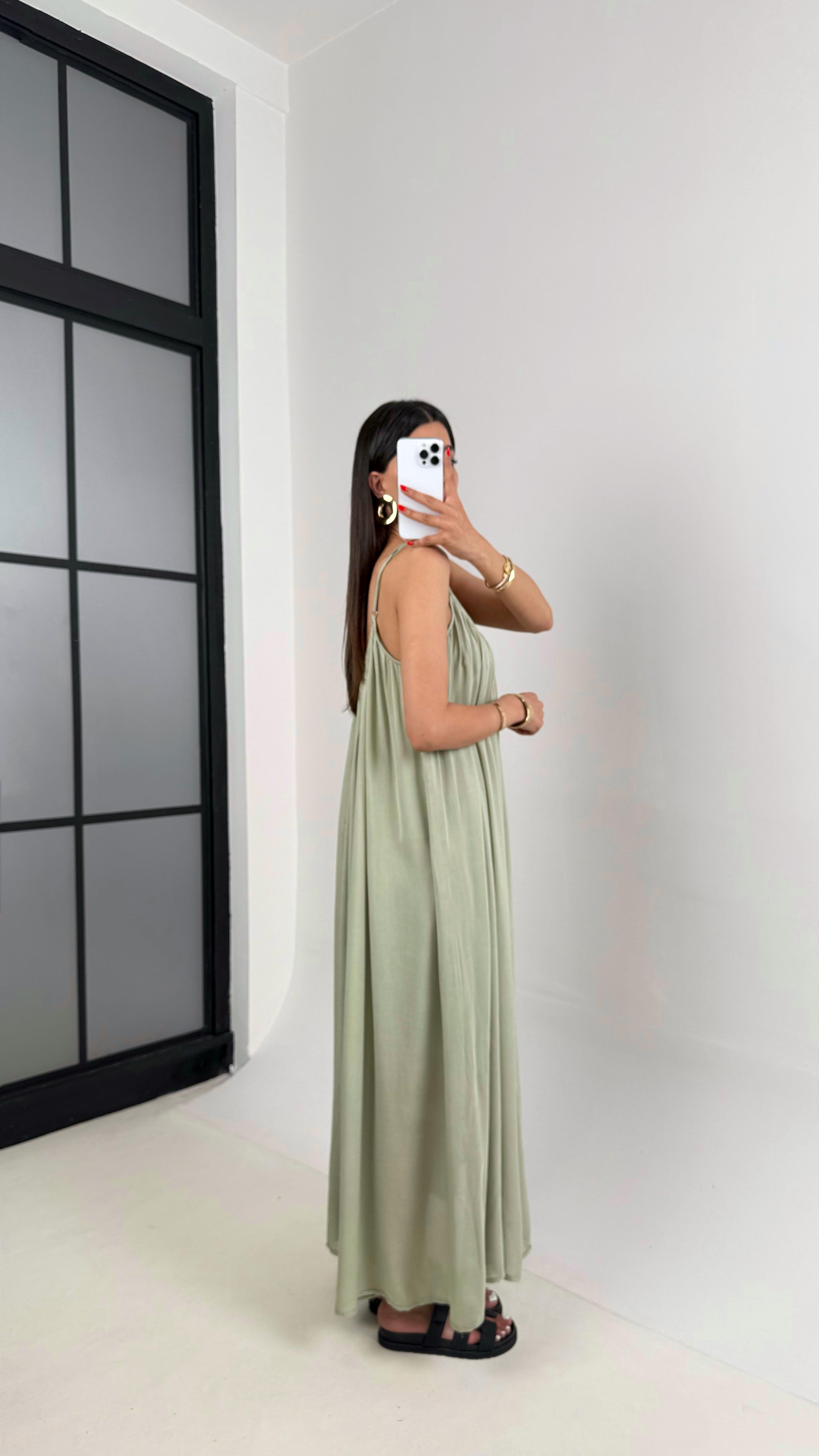 Haki Ayarlanabilir Askılı MD Muadil Astarlı Keten Elbise Gaus00474GausELBİSEGU1002107