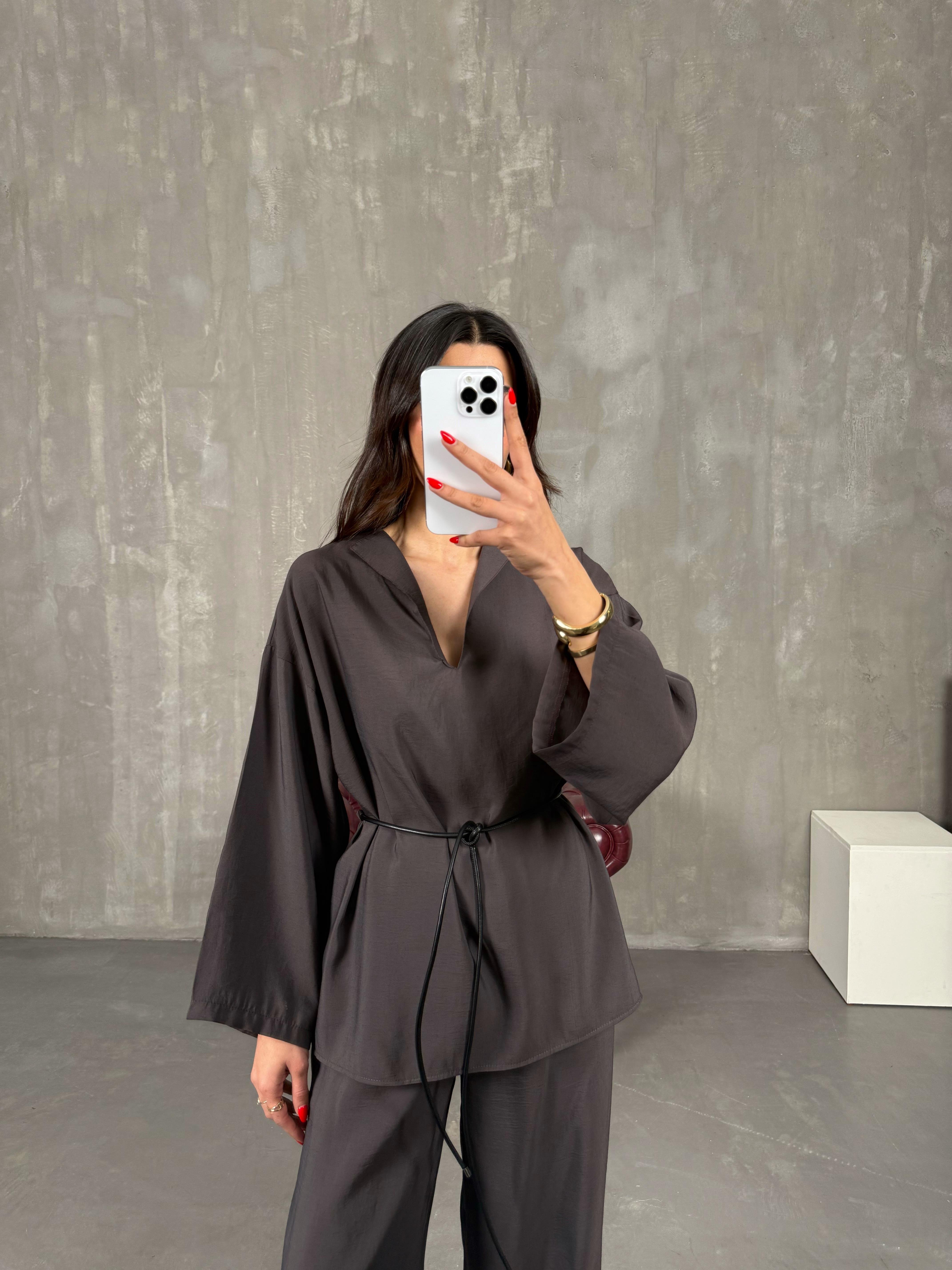 Acı Kahve V Yaka Deri Kuşaklı Tensel Takım Gaus00205GausTAKIMGU1001481