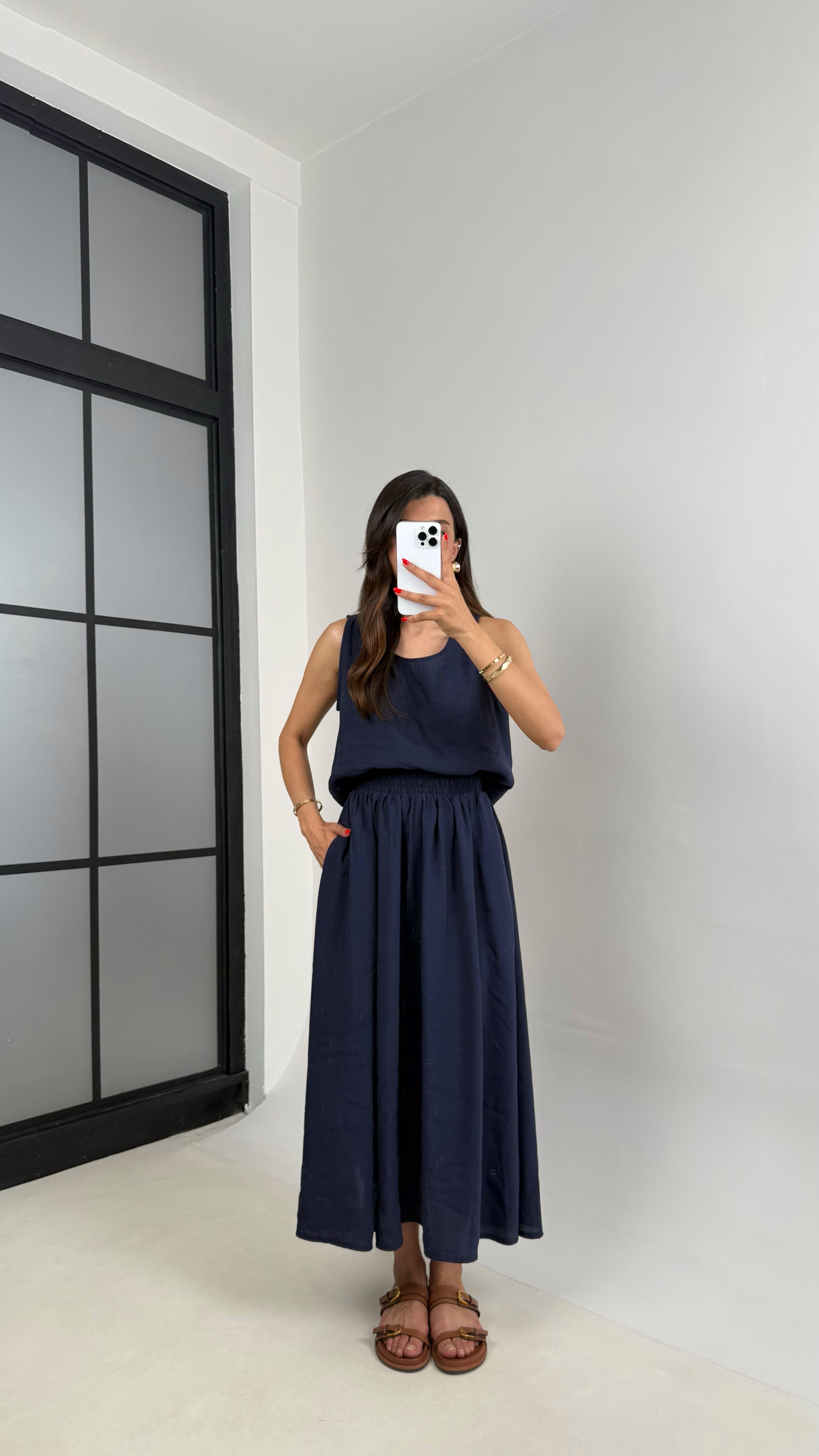 Lacivert Bluz Beli Lastikli Etek İkili Kırışık Tencel Takım Gaus00522GausTAKIMGU1002224