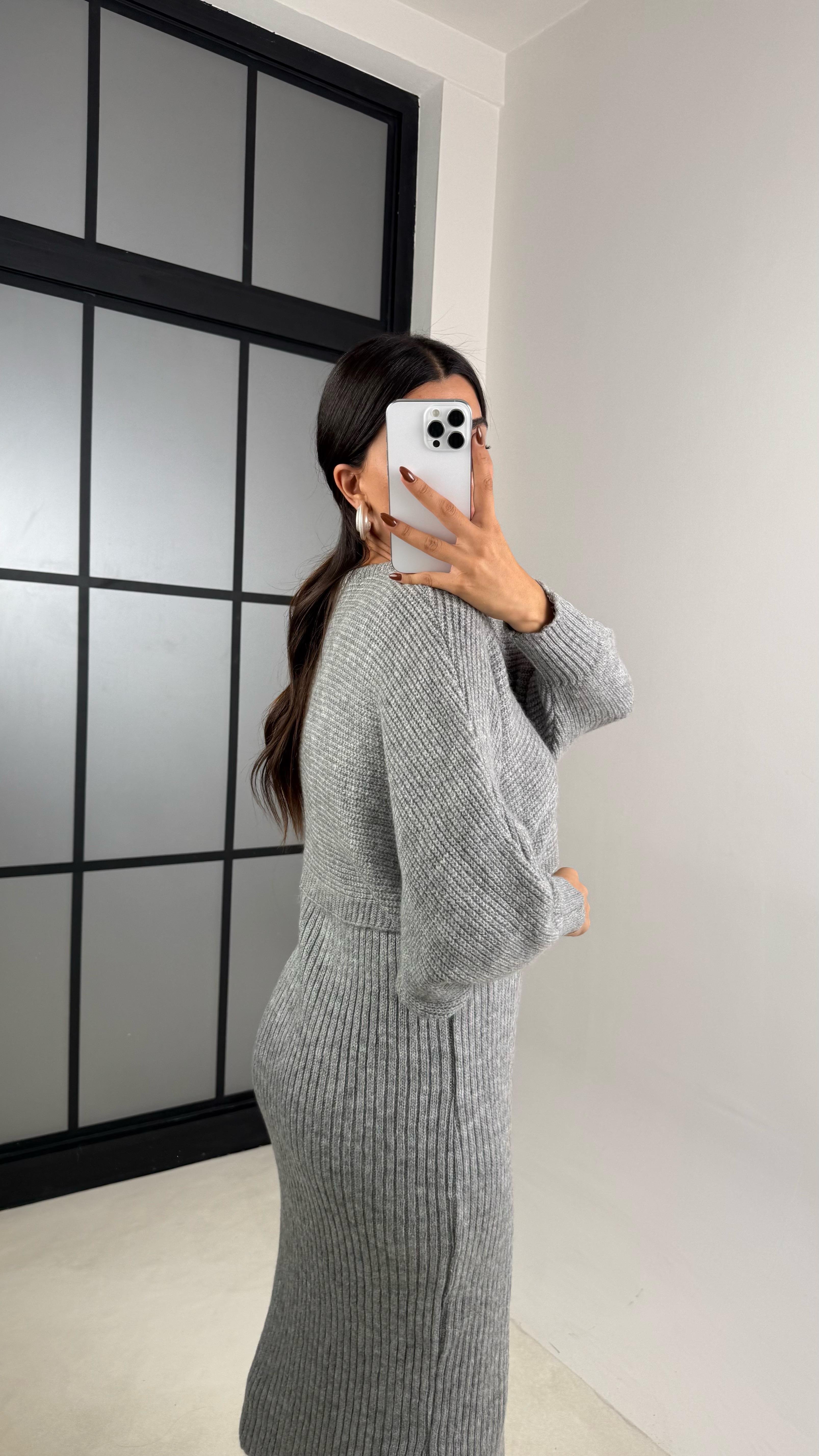 Gri Hırka Askılı Elbise İkili Triko Takım GAUS-00185GAUSTAKIMGAUS-00185