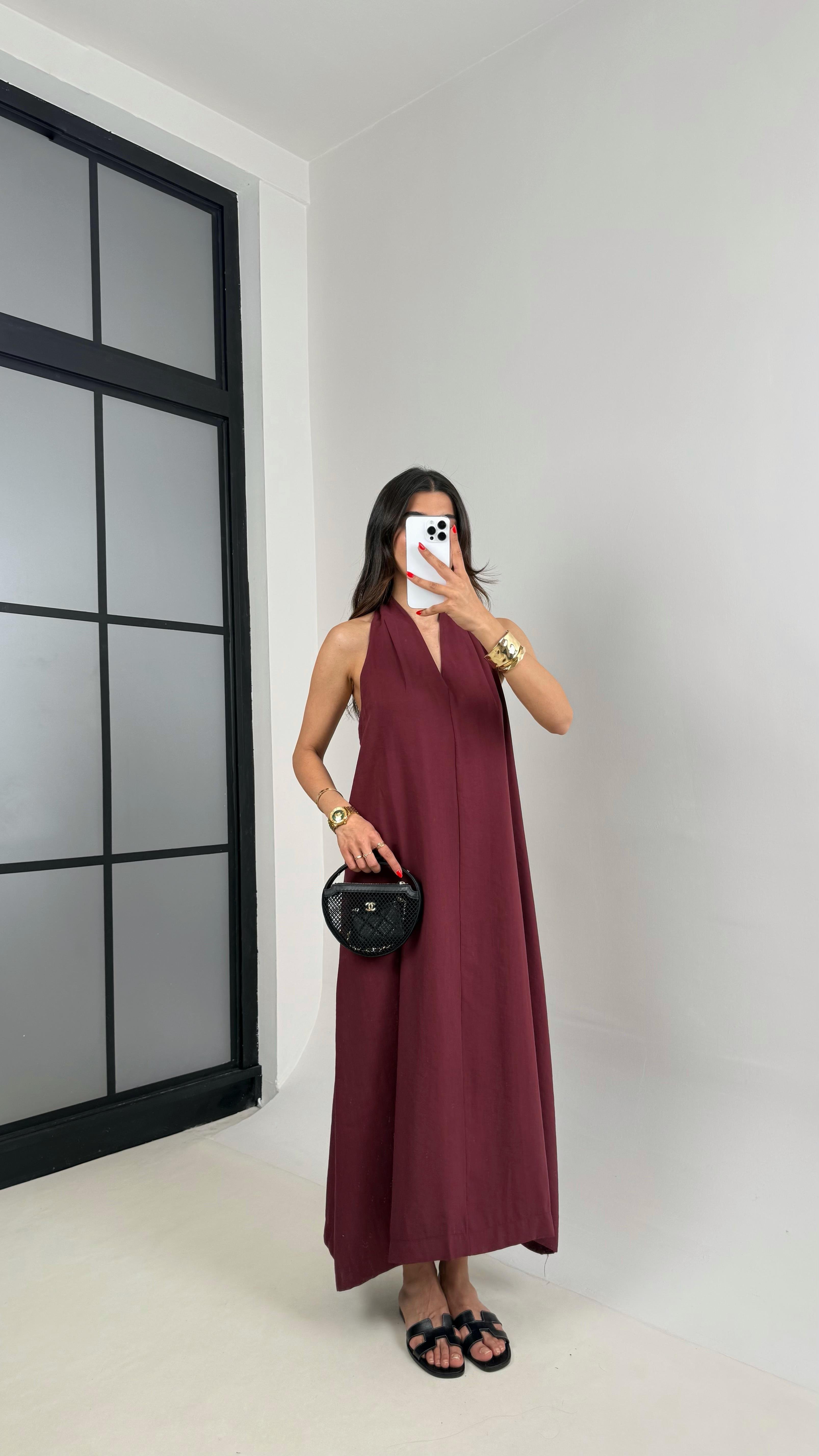 Bordo V Yaka Sırt Detaylı Premium Tencel Elbise Gaus00481 GausELBİSEGU1002127