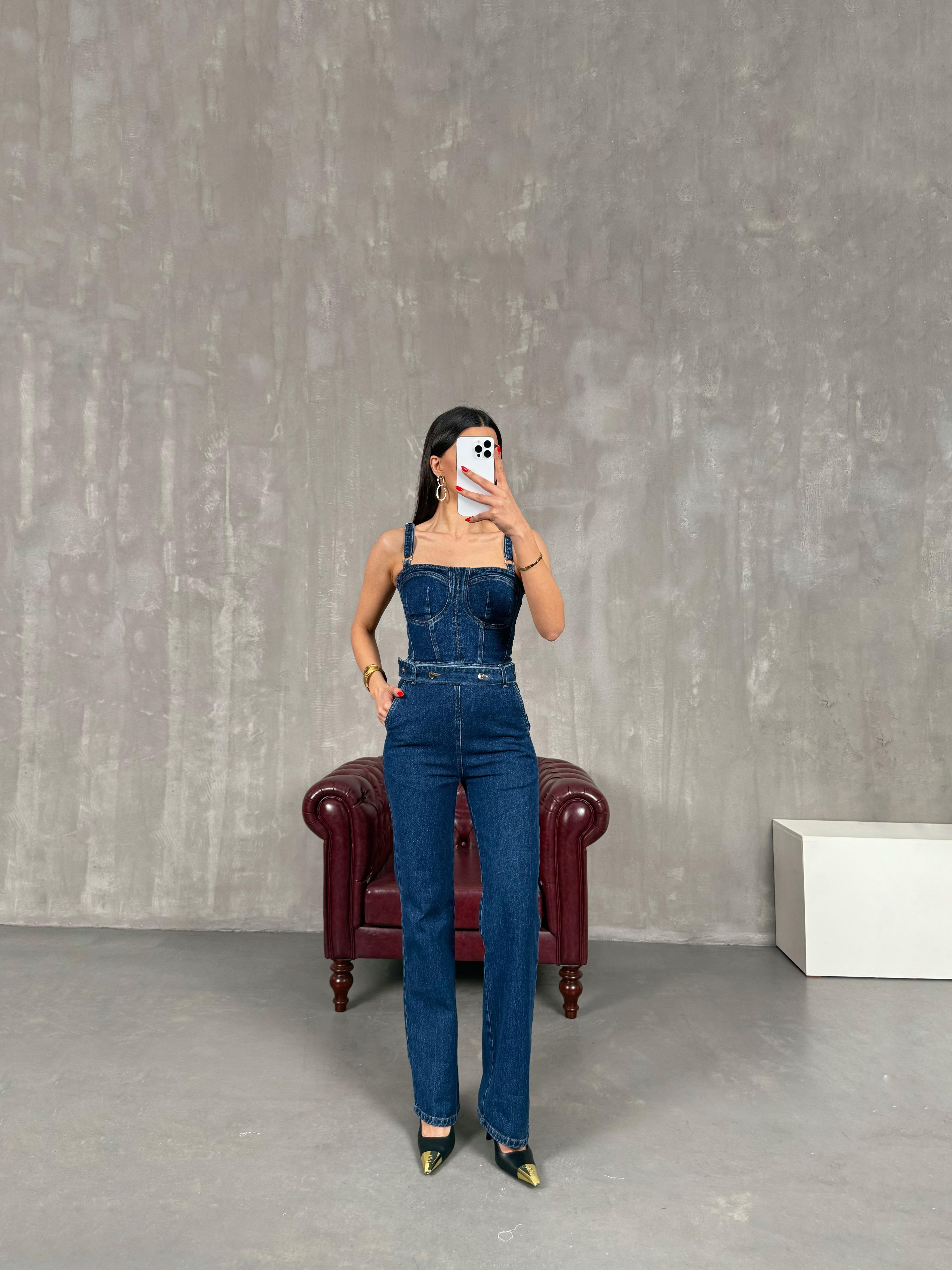 Mavi Kemer Detaylı Ayarlanabilir Askılı Fermuarlı Denim Tulum Gaus00163GausTULUMGU1001374