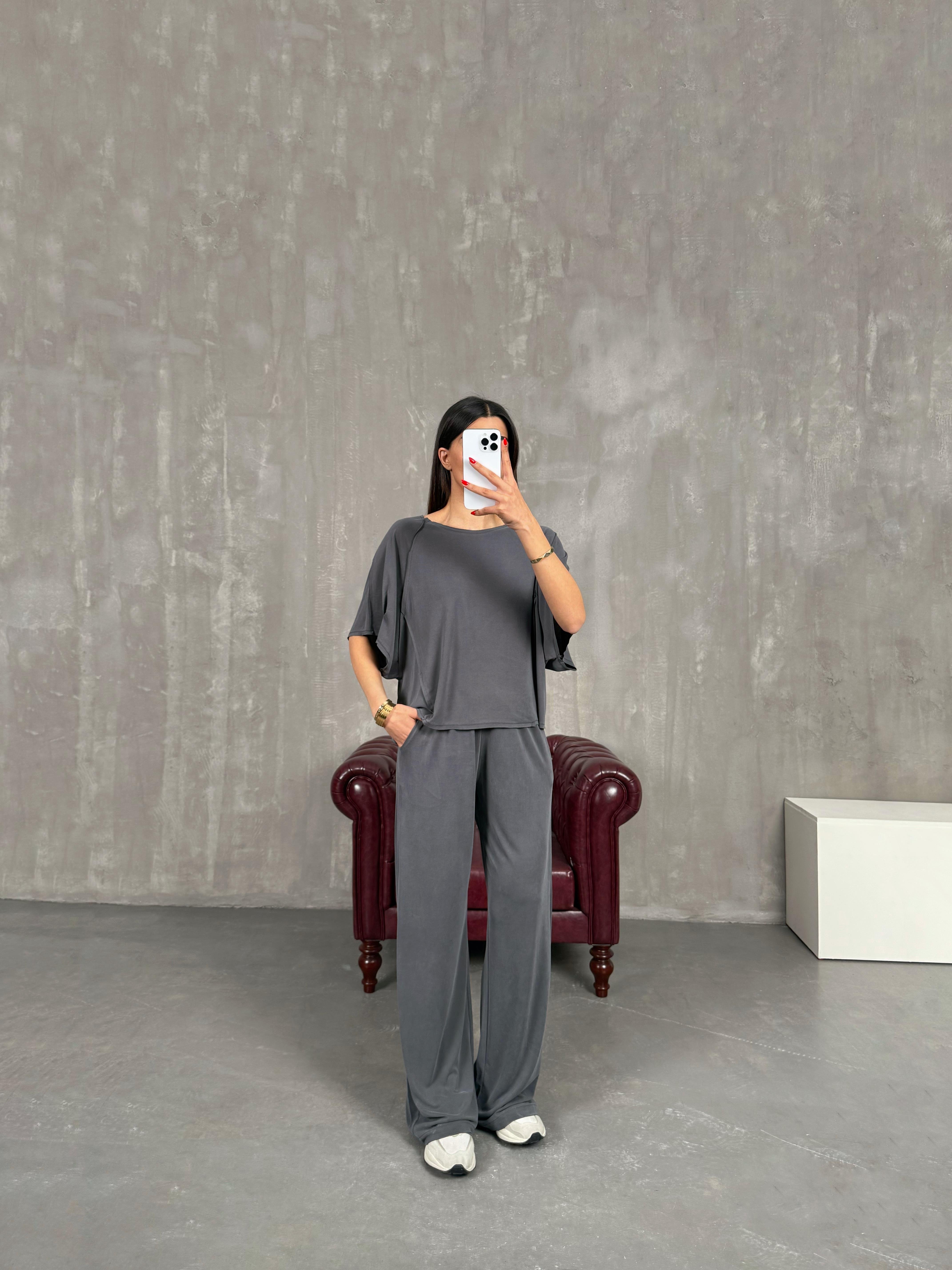 Antrasit İnce Modal Kumaş Kısa Kol Muadil Basic Takım Gaus00197GausTAKIMGU1001464