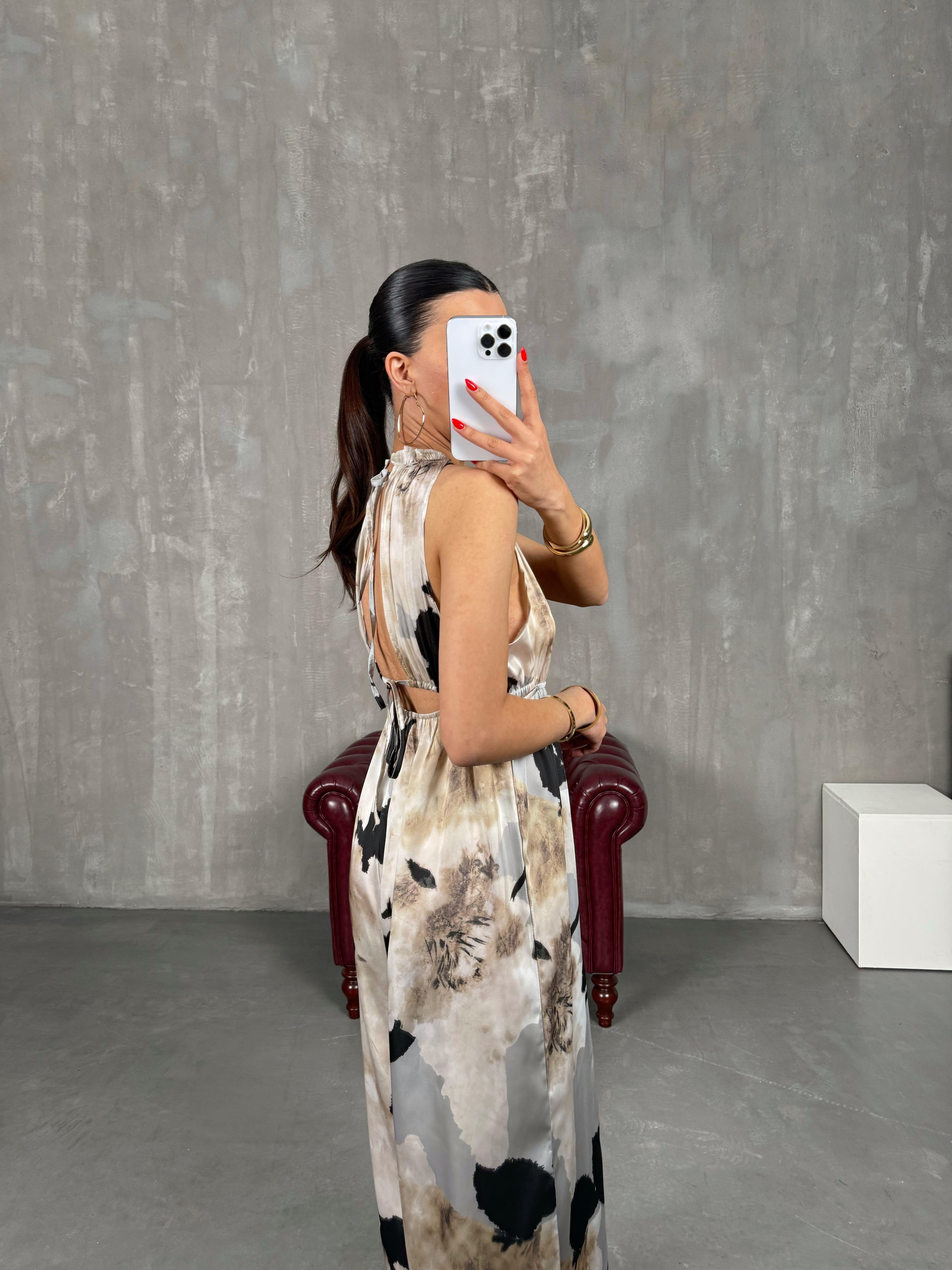 Siyah Desenli Sırt Dekolteli Beli Lastikli Saten Tulum Gaus00209GausTULUMGU1001492