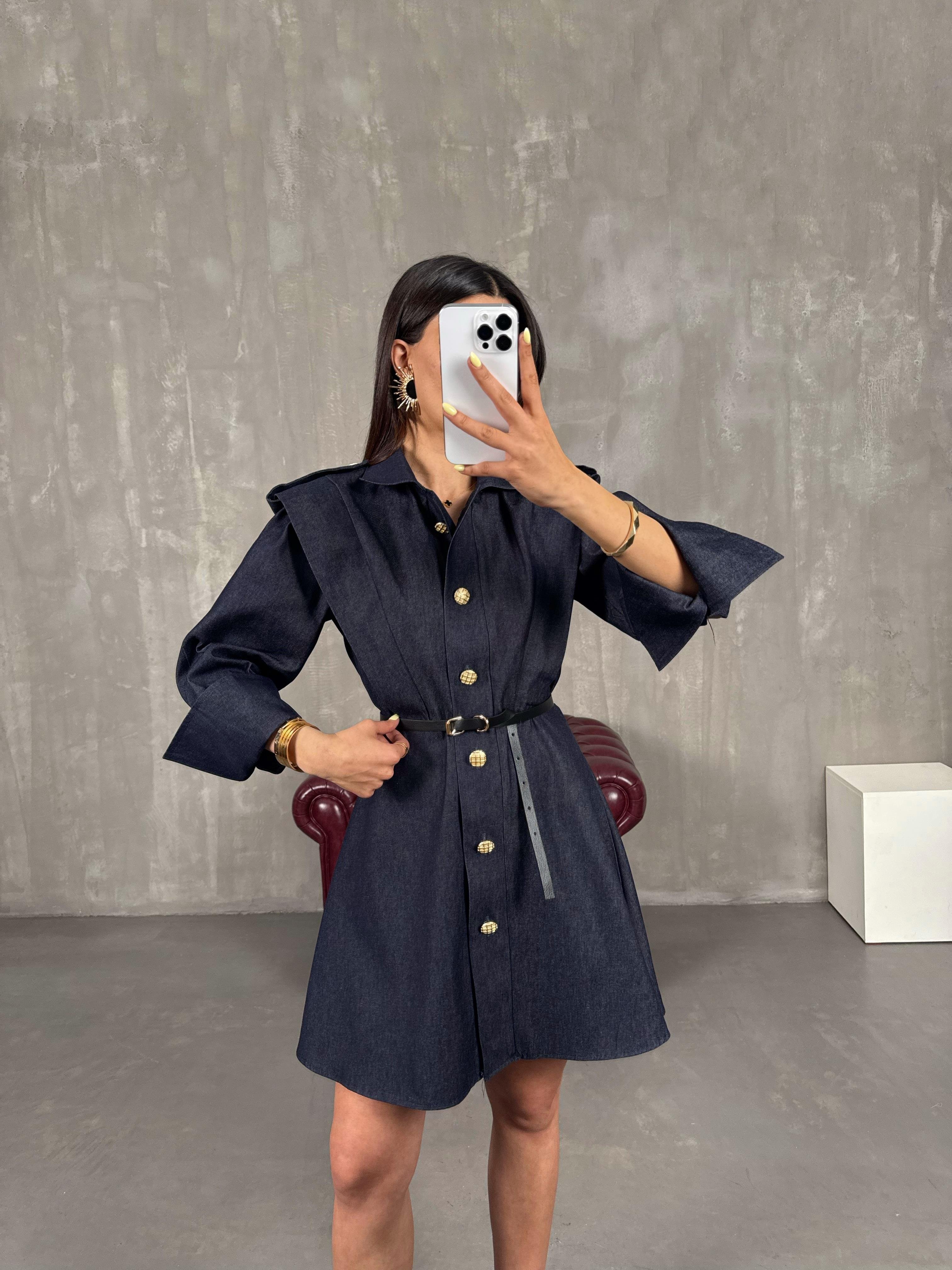 Lacivert Düğmeli Kemerli Muadil Denim Elbise Gaus00128GausELBİSEGU1001288