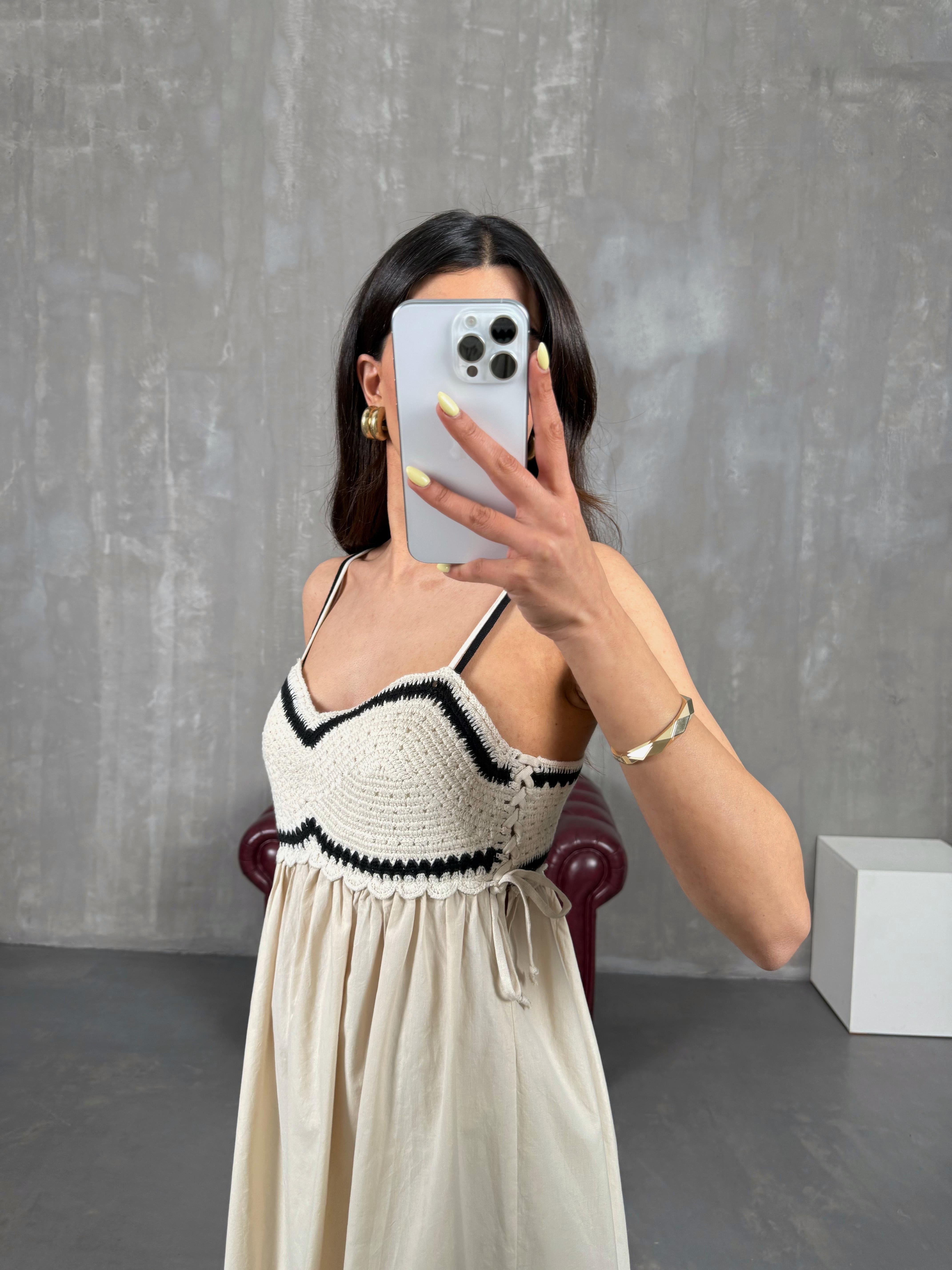 Krem Örgü Detaylı Askılı Elbise Gaus00136GausELBİSEGU1001311