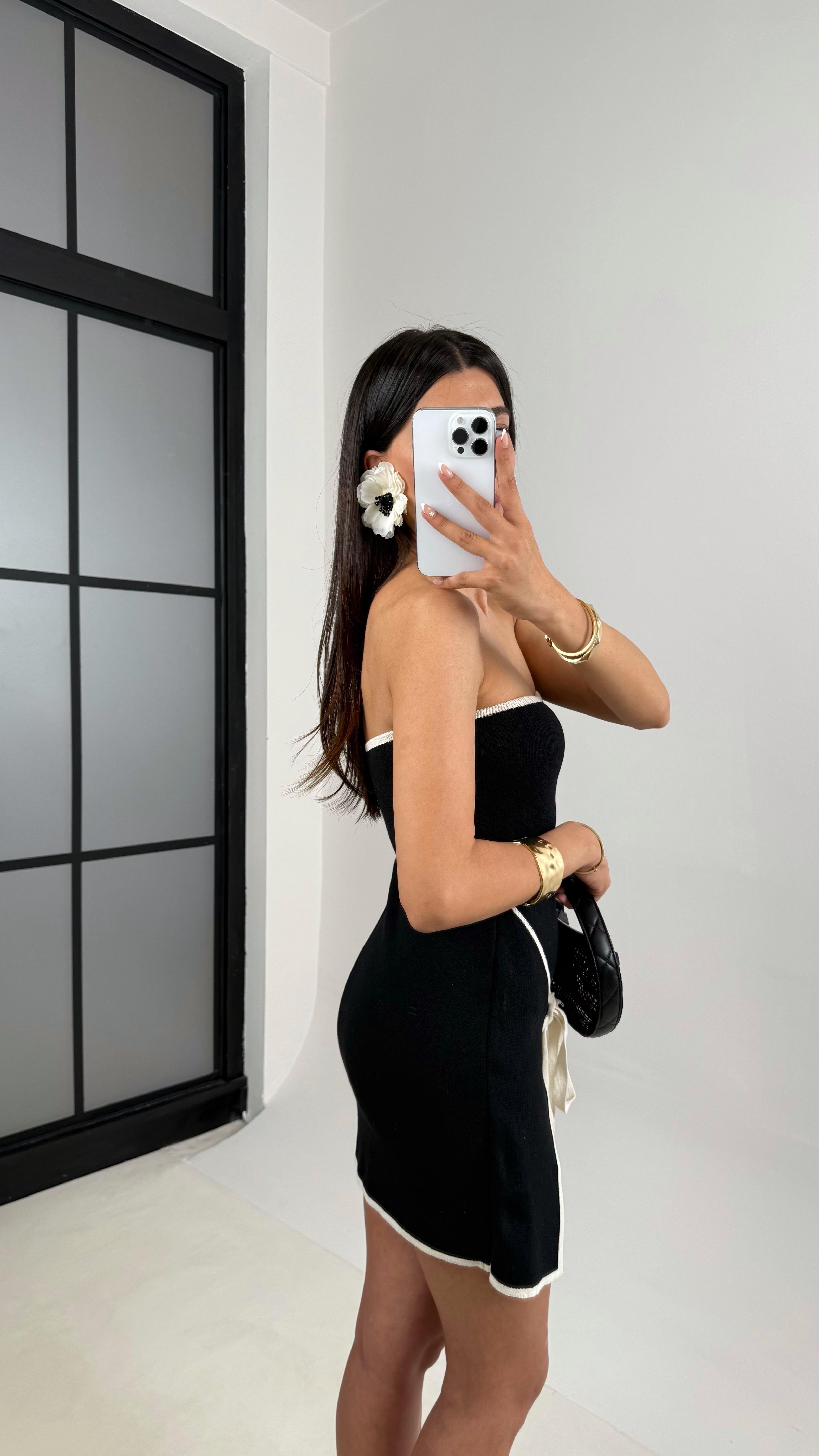 Siyah Bağlama Detaylı Straplez Triko Mini Elbise Gaus00543GausELBİSEGU1002266