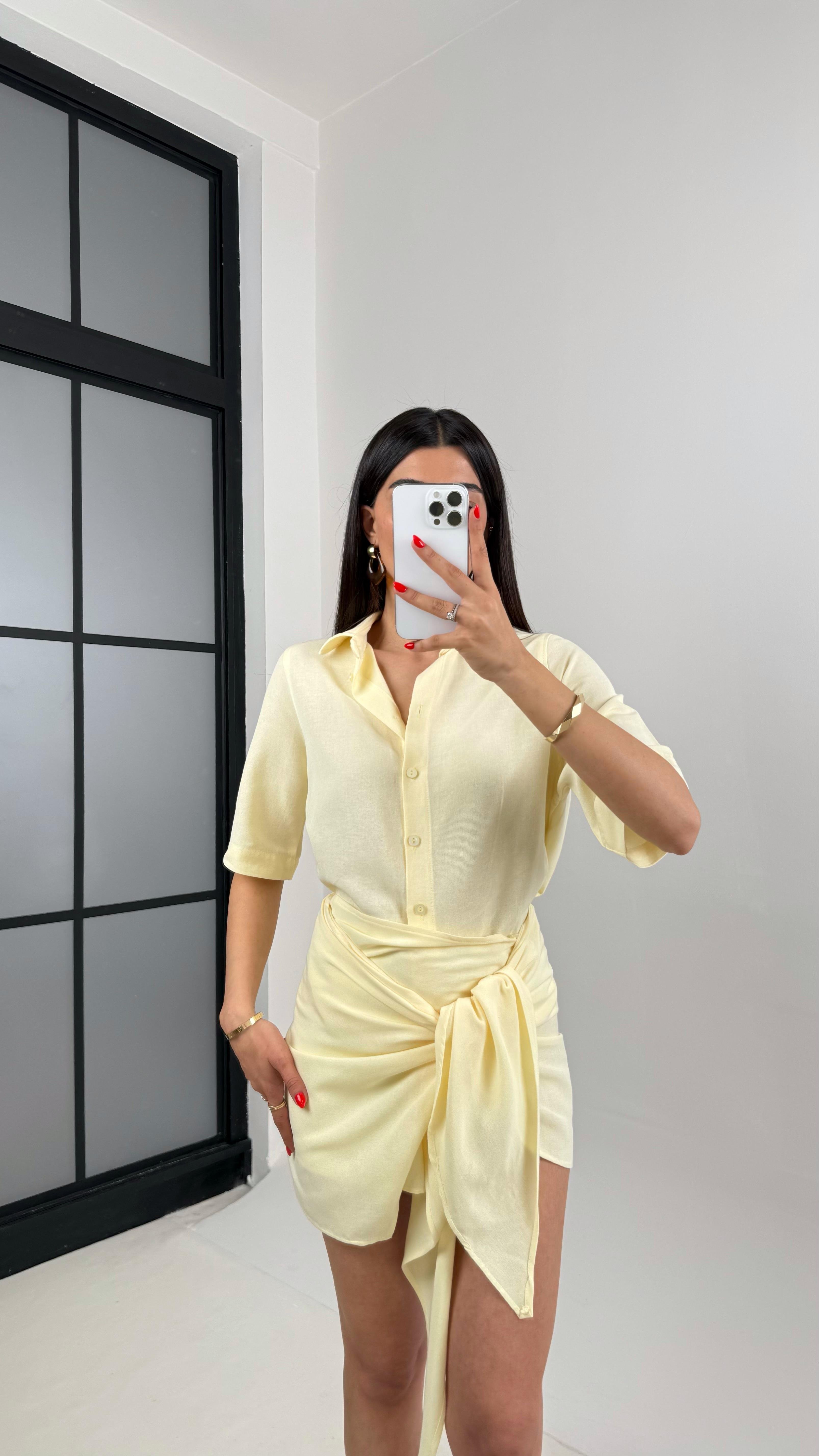 Sarı Önü Düğmeli Gömlek Beli Bağlama Detaylı Etek Keten Takım Gaus00459GausTAKIMGU1002070