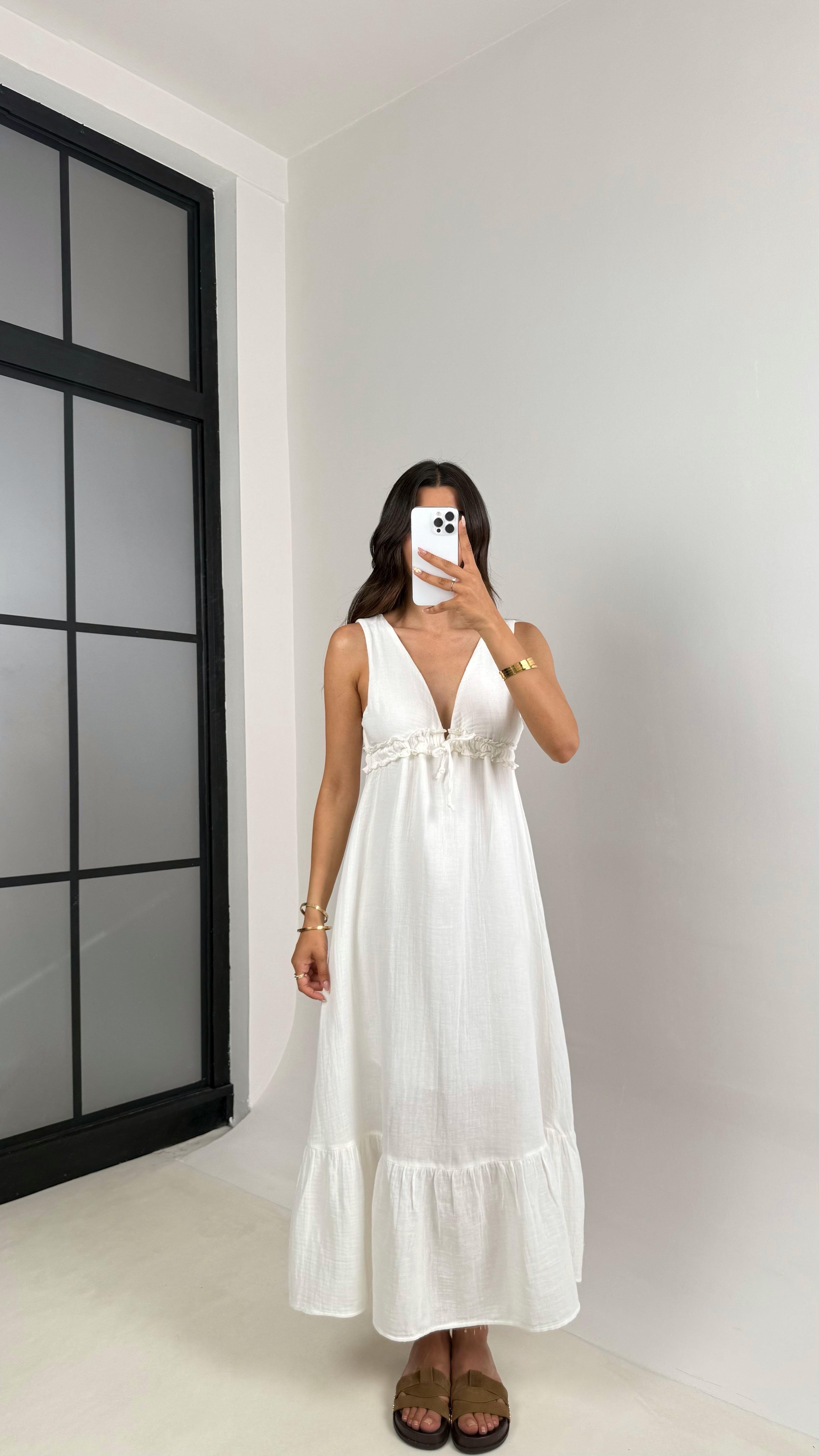 Beyaz V Yaka Beli Ayarlanabilir Lastikli Astarlı Müslin Elbise Gaus00680 GausELBİSEGU1002568