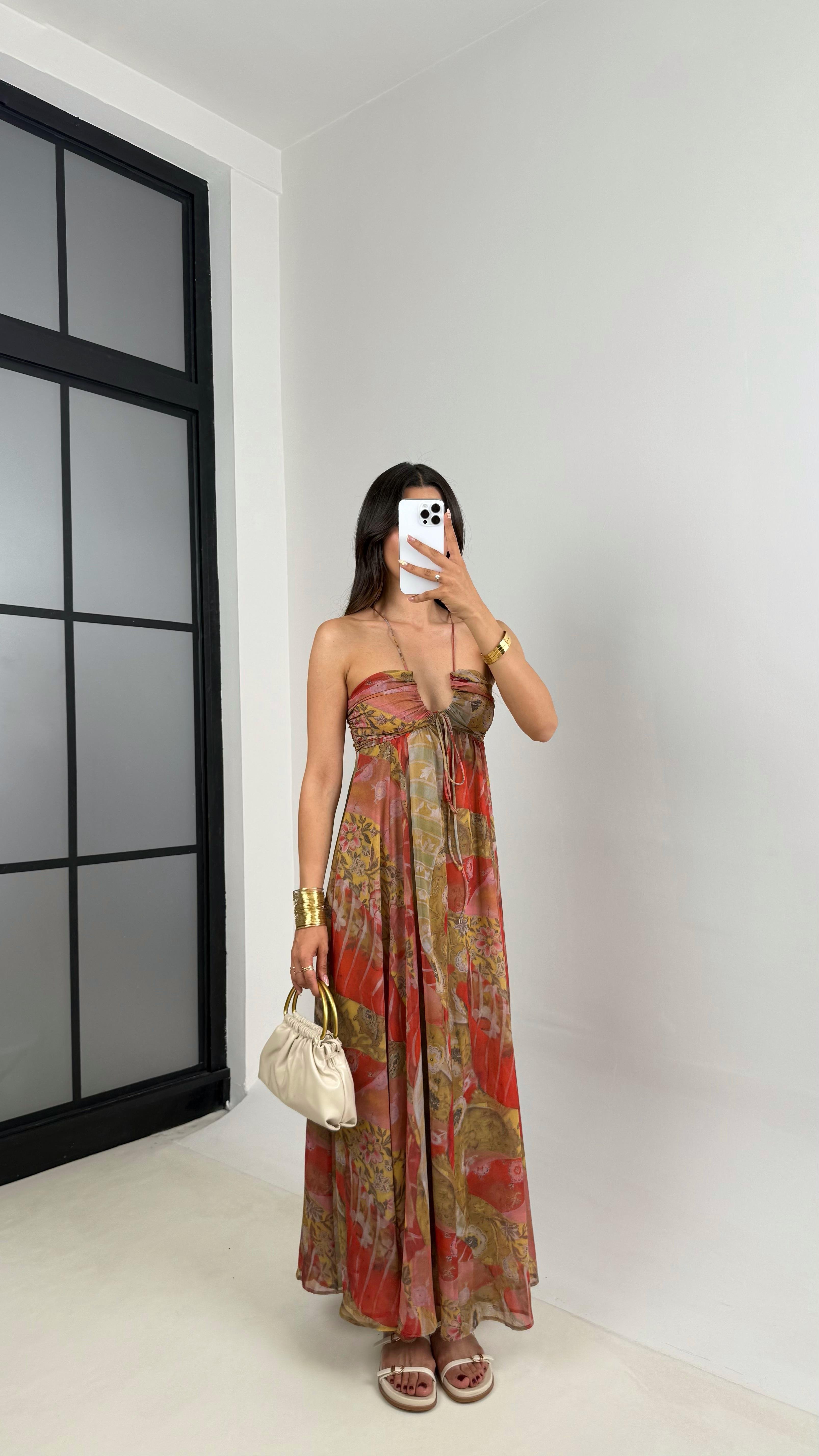 ZR Muadil Desenli Dekolteli Astarlı Şifon Elbise Gaus00651GausELBİSEGU1002513