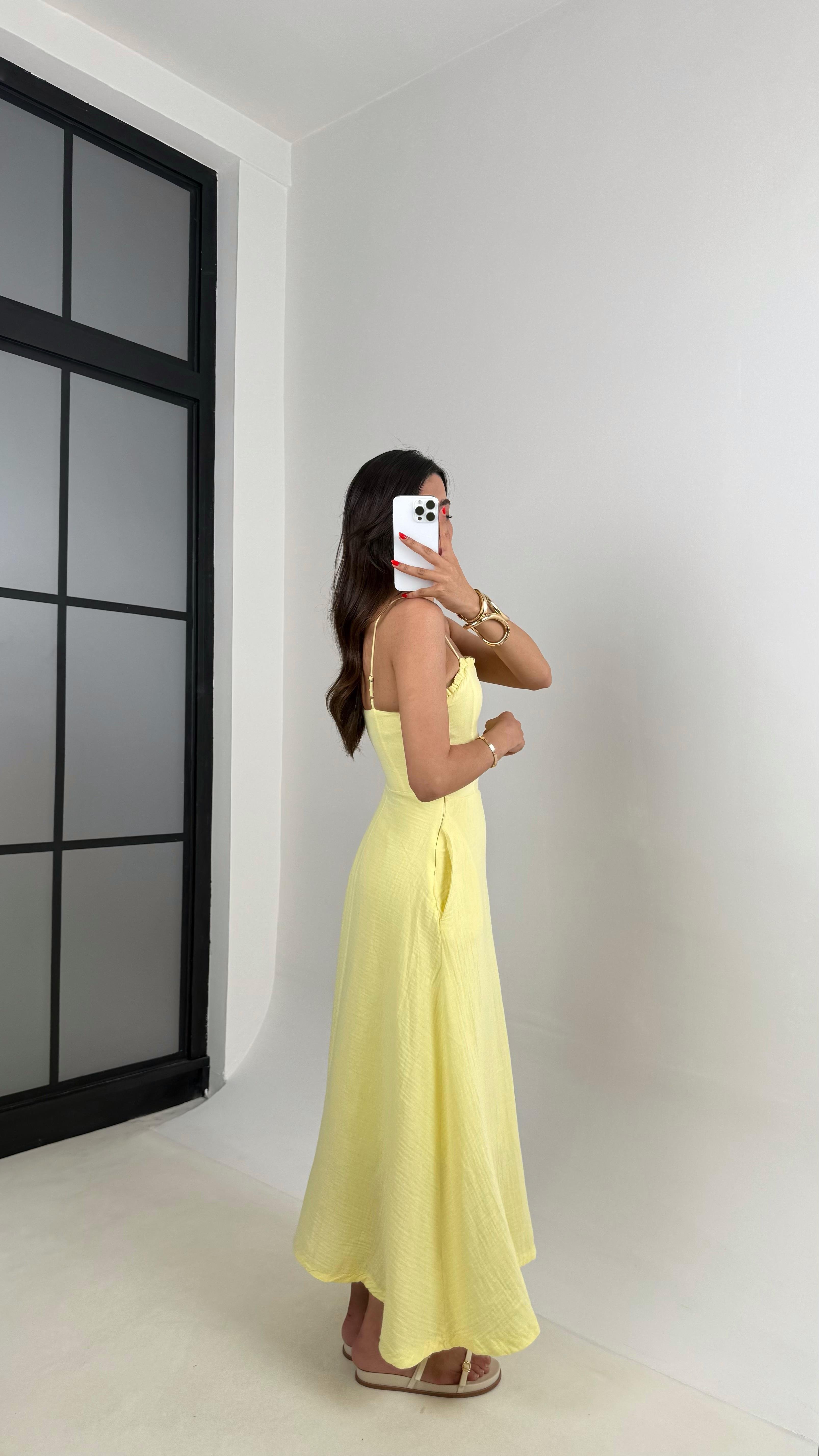 Sarı Ayarlanabilir Askılı Cepli Astarlı Müslin Elbise Gaus00519GausELBİSEGU1002216