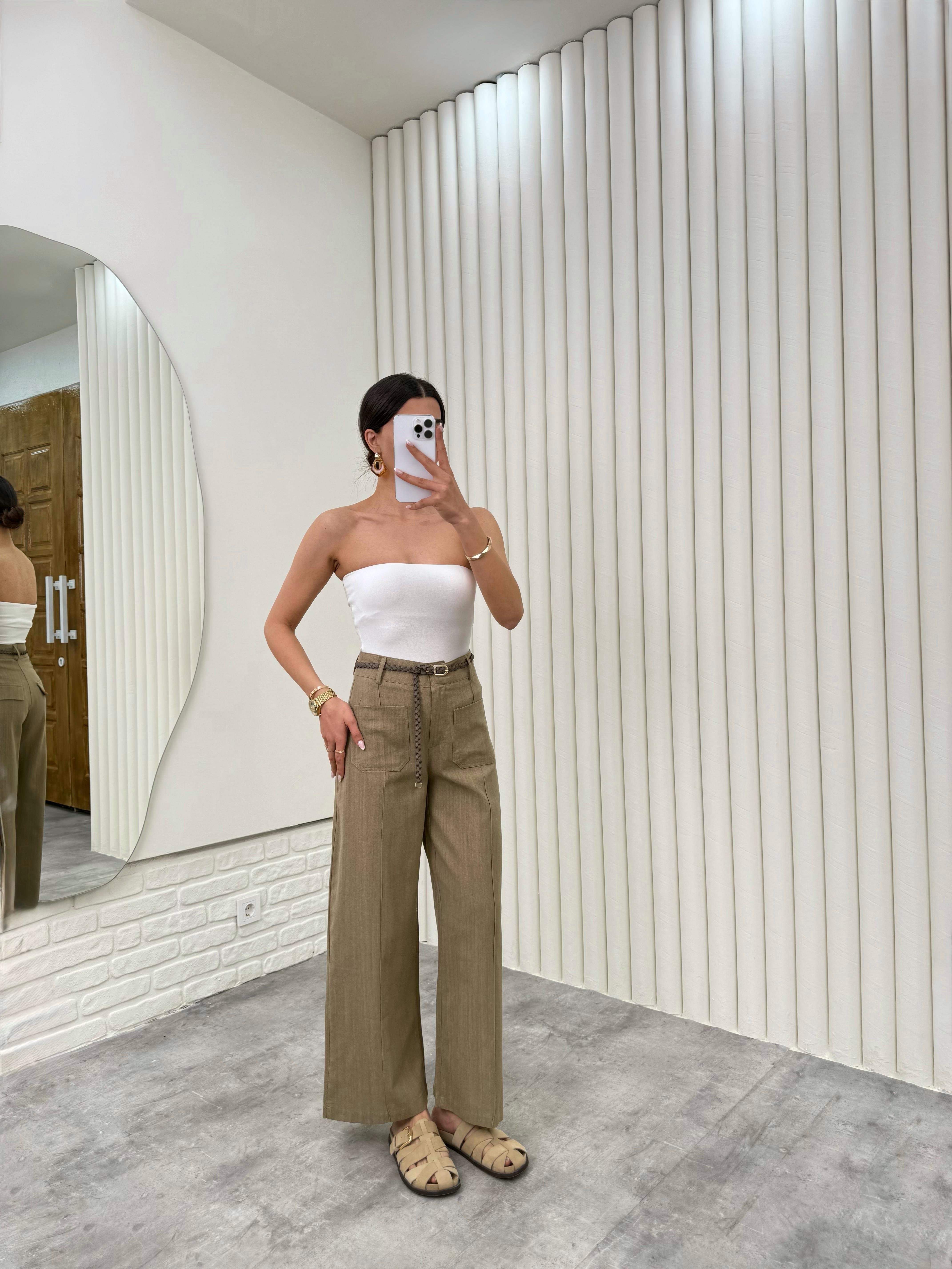 Haki Örgü Kemerli Cepli Keten Pantolon Gaus00332GausPANTOLONGU1001771