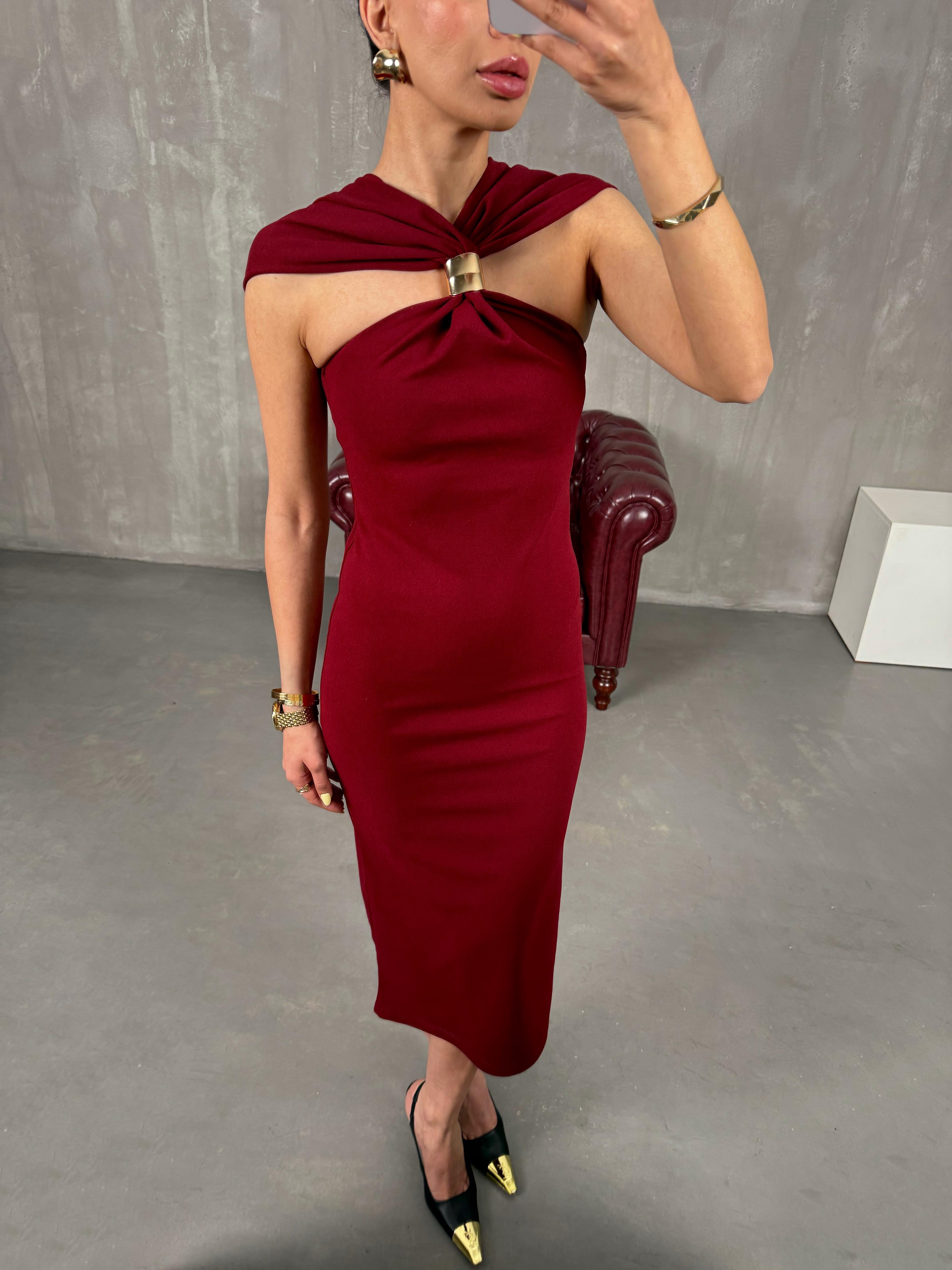 Bordo Göğüs Gold Toka Detaylı Tasarım Elbise Gaus00122GausELBİSEGU1001278