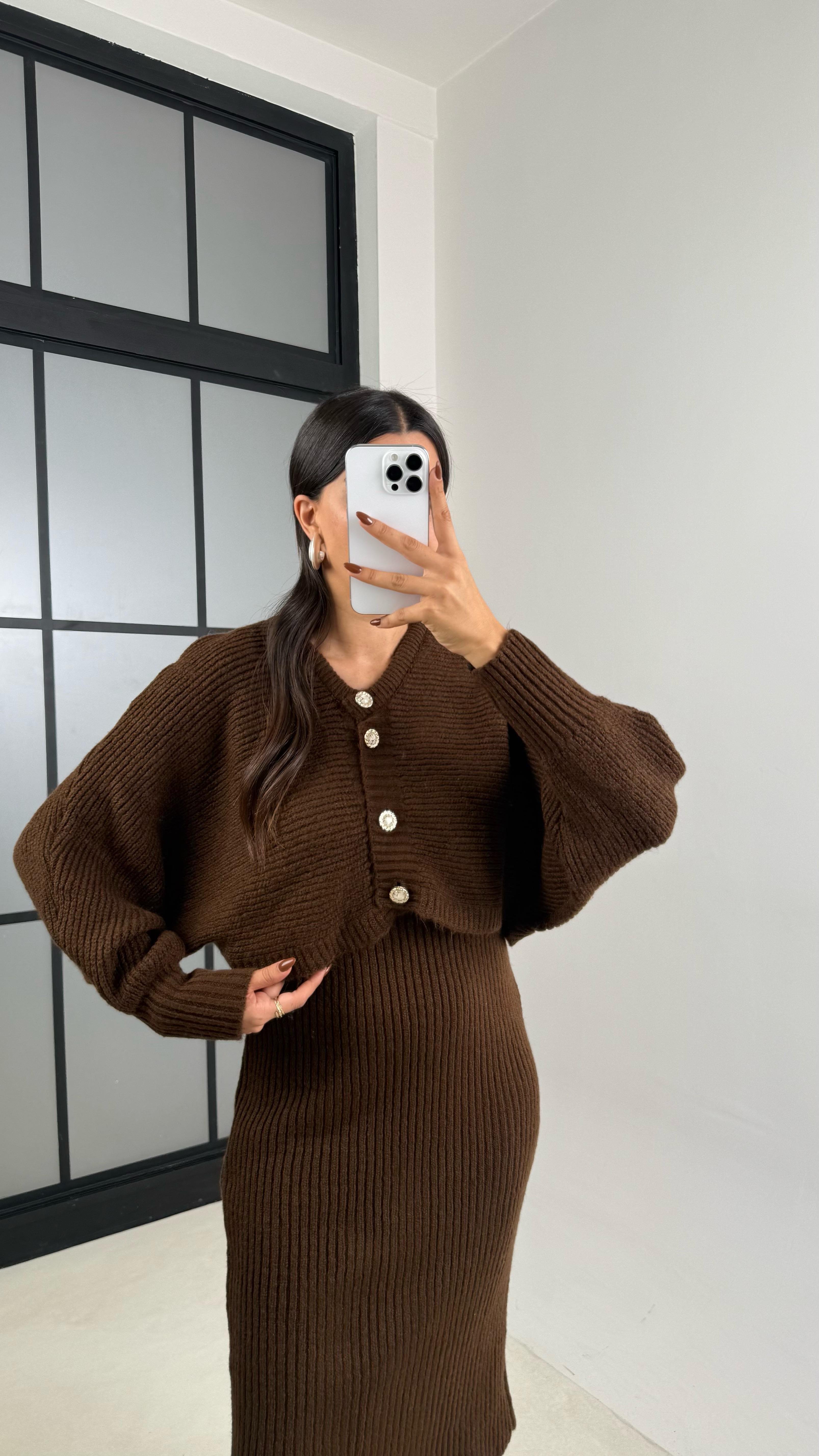 Acı Kahve Hırka Askılı Elbise İkili Triko Takım GAUS-00185GAUSTAKIMGAUS-00185