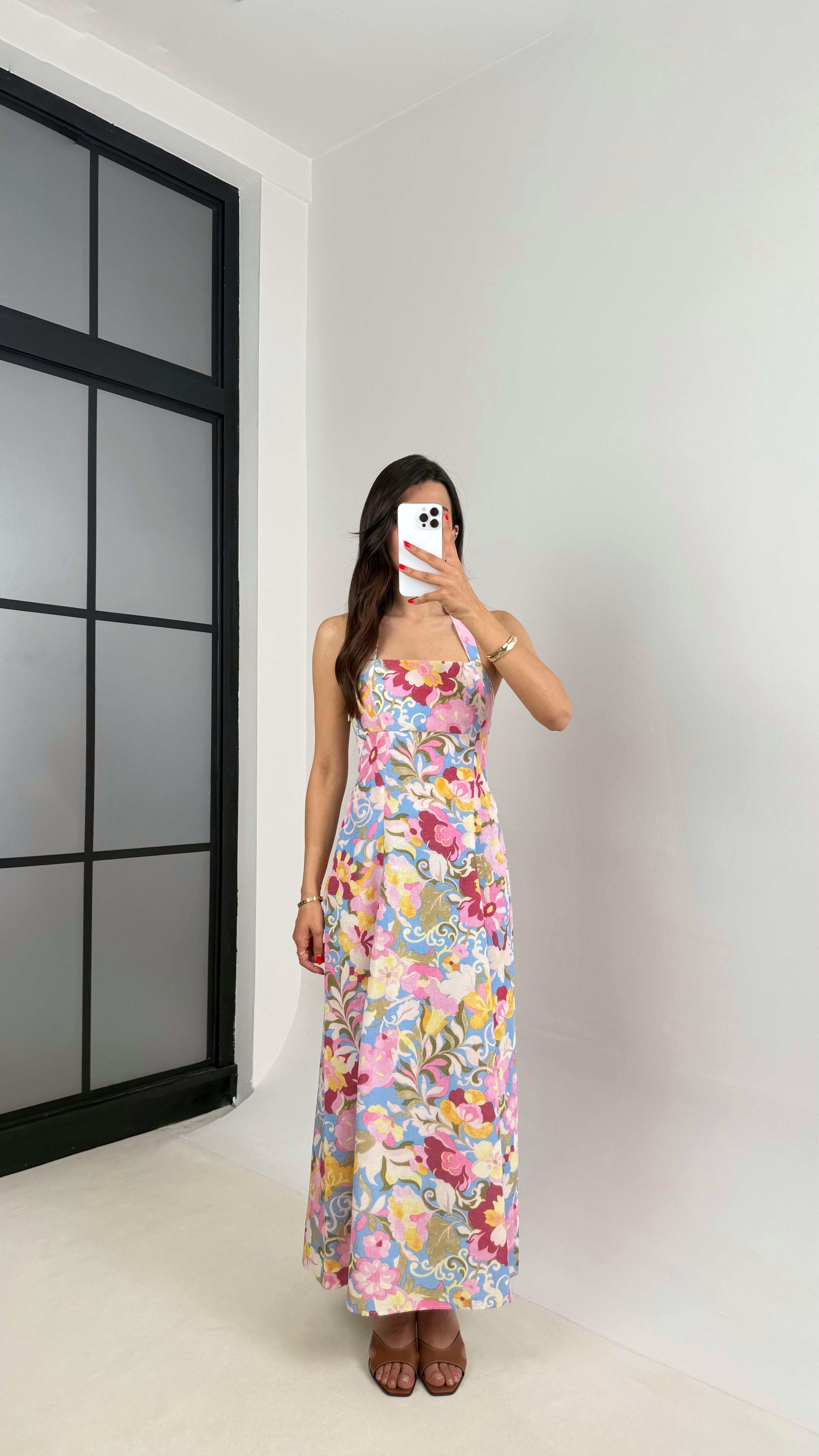 Floral Desenli Boyundan Bağlamalı Keten Elbise Gaus00515GausELBİSEGU1002208