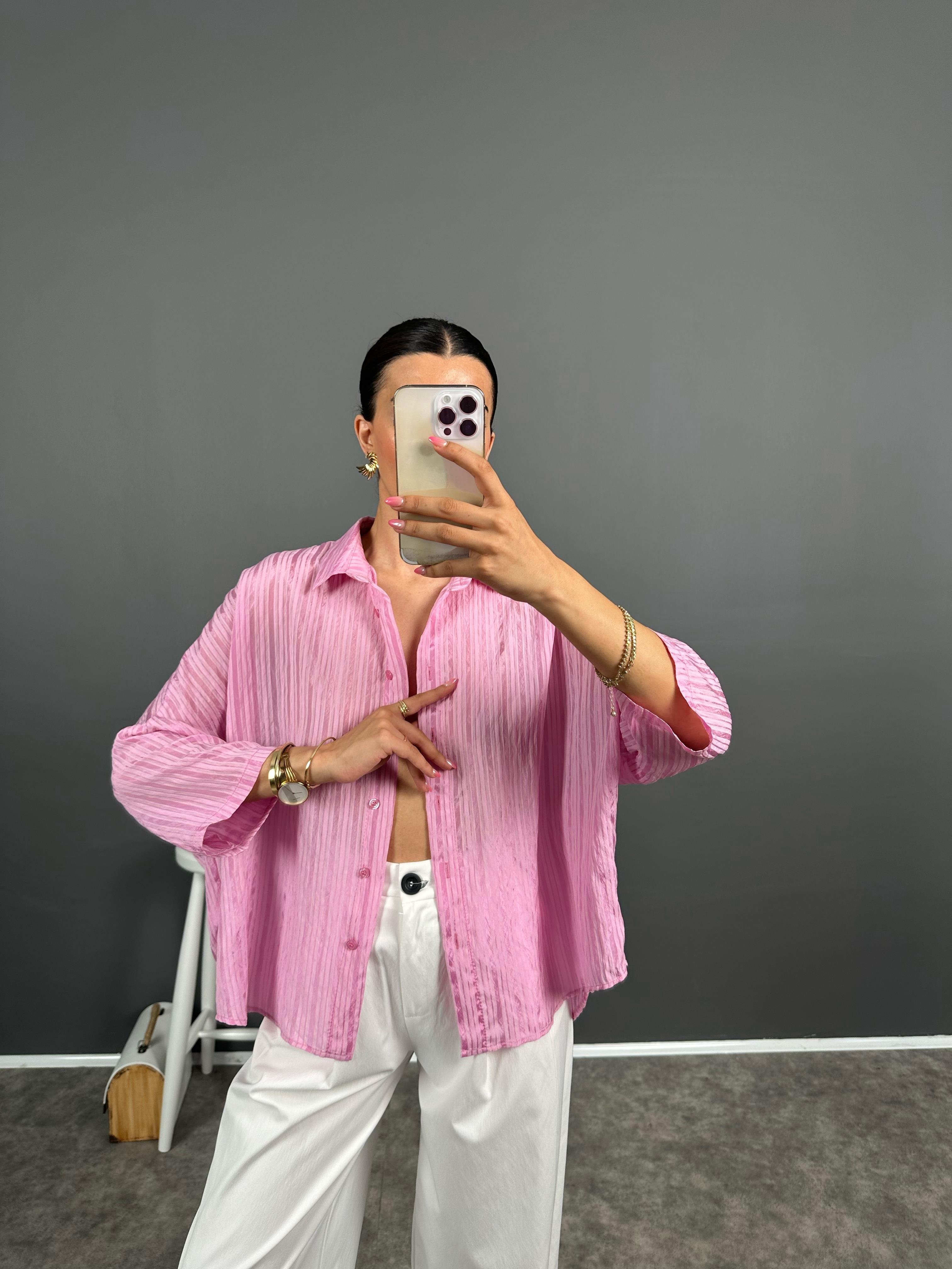 Foam Premium Pembe Çizgili Oversize GömlekGausGÖMLEKGU008645