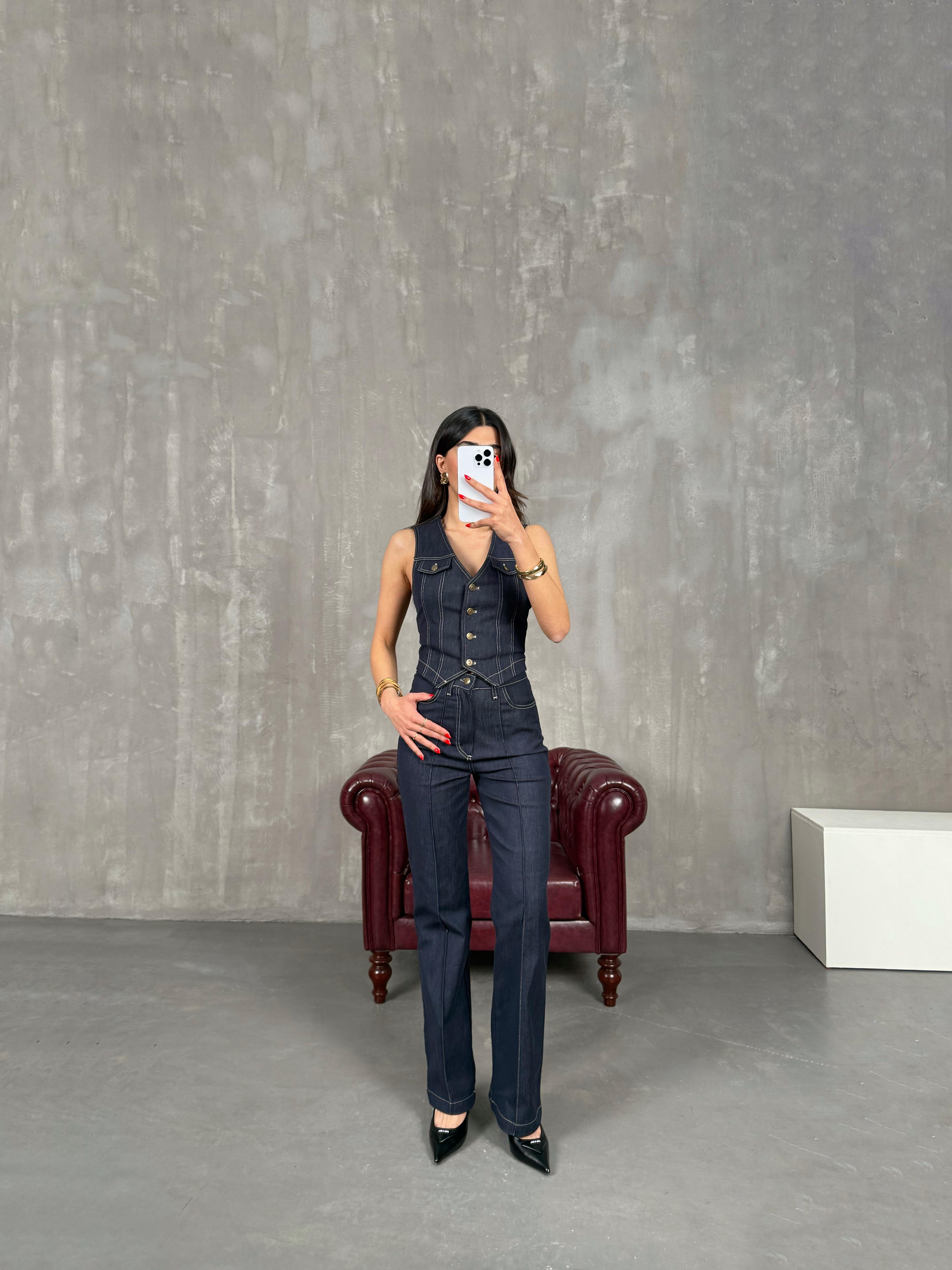 Lacivert Likralı Yelek Pantolon İnce Denim Takım Gaus00198GausTAKIMGU1001466