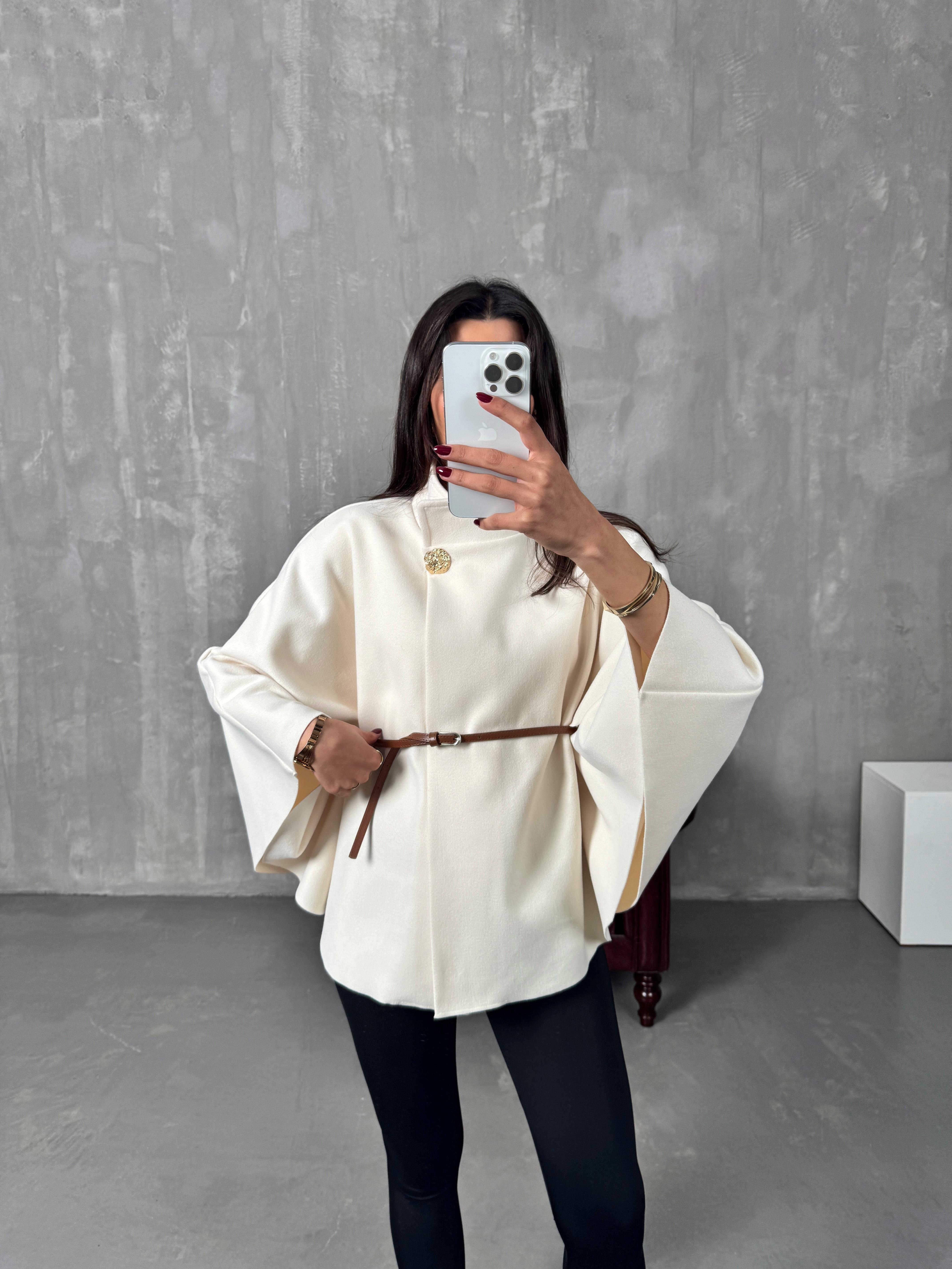 Gina Ekru ZR Model Kemerli Kaşe PançoGausPANCOGU00903887