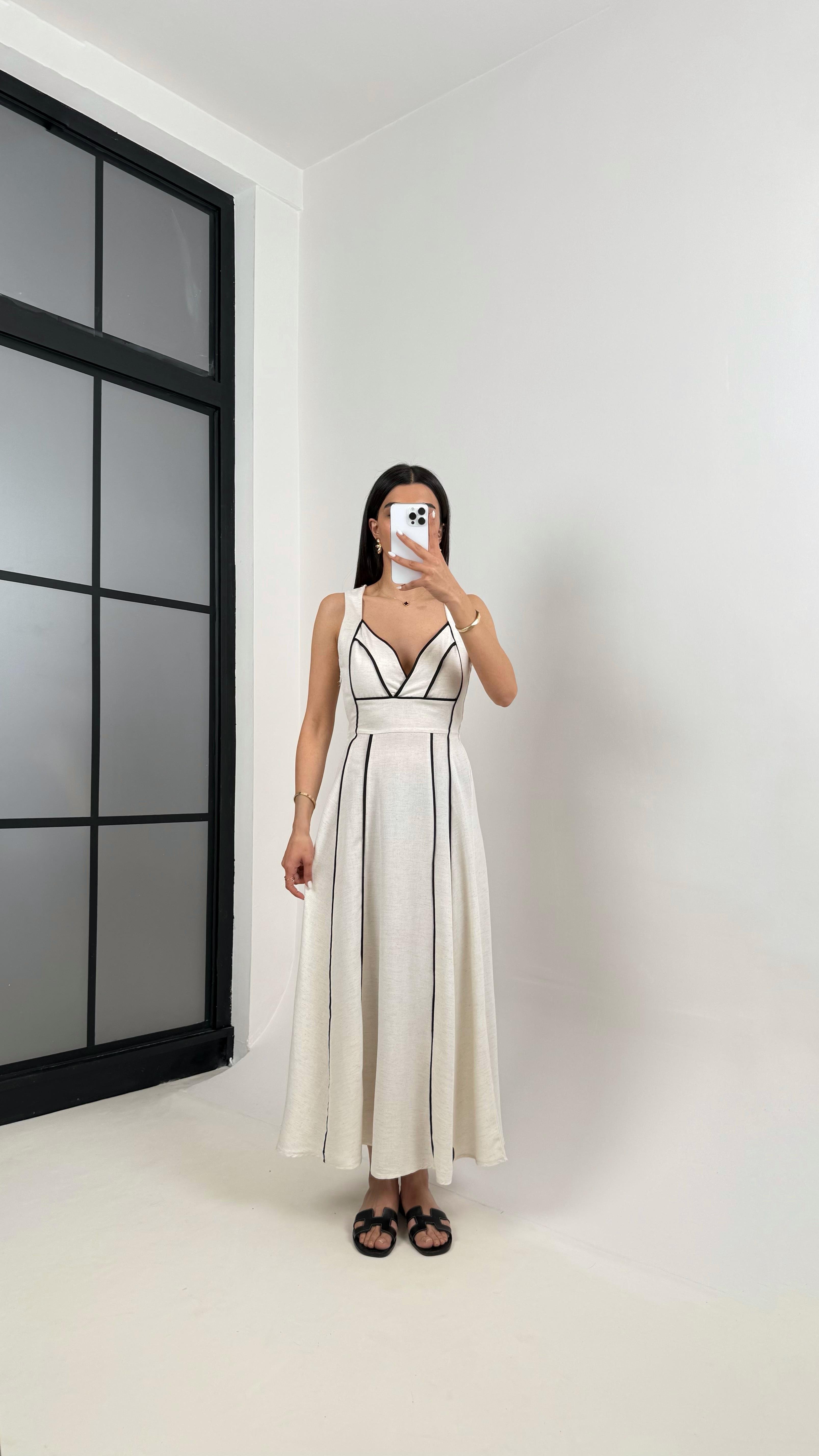 Taş Siyah Şerit Detaylı Tasarım Keten Elbise Gaus00370GausELBİSEGU1001862