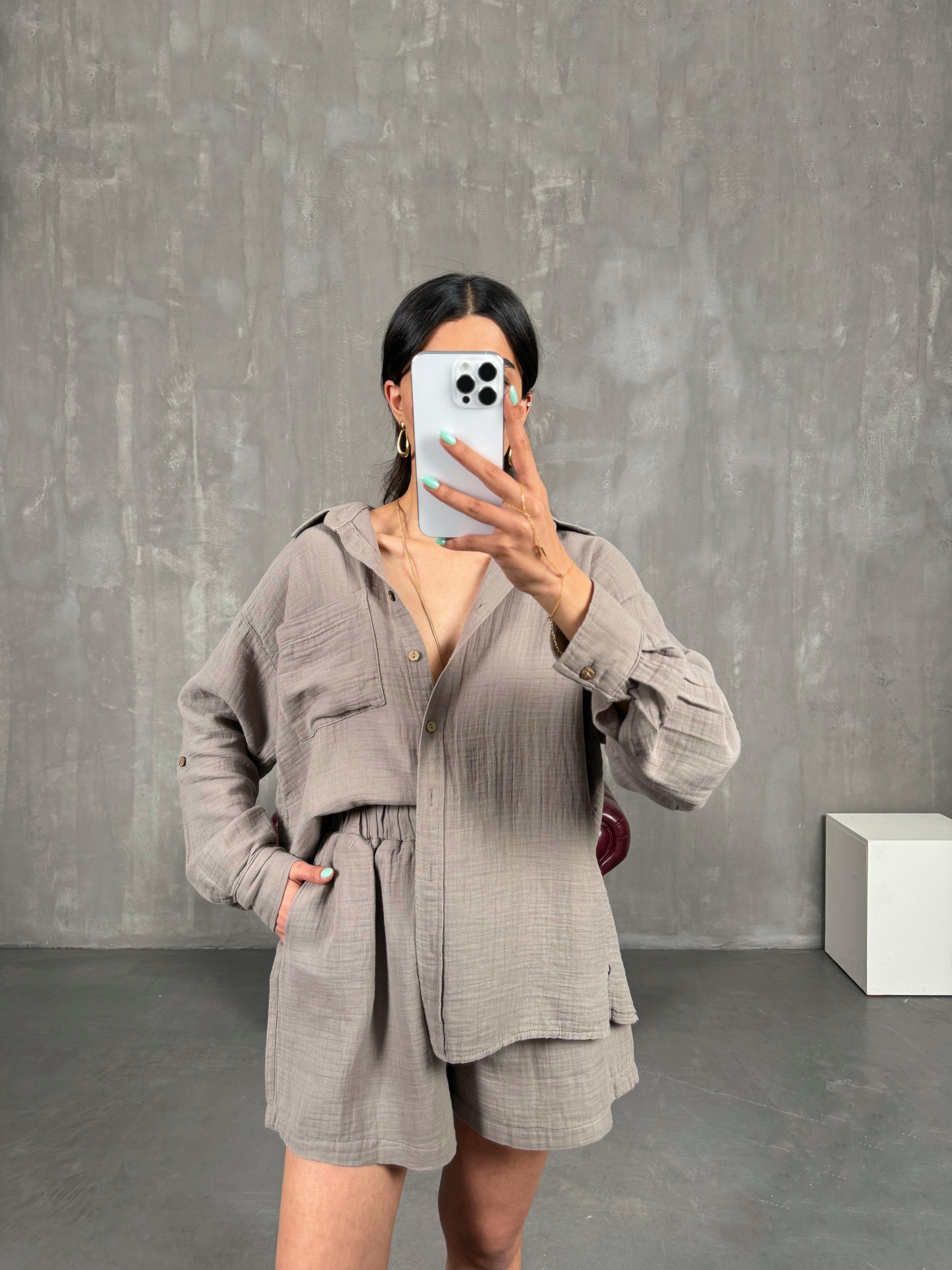 Vizon Cepli Gömlek Beli Lastikli Şort Takım Gaus00226GausTAKIMGU1001525