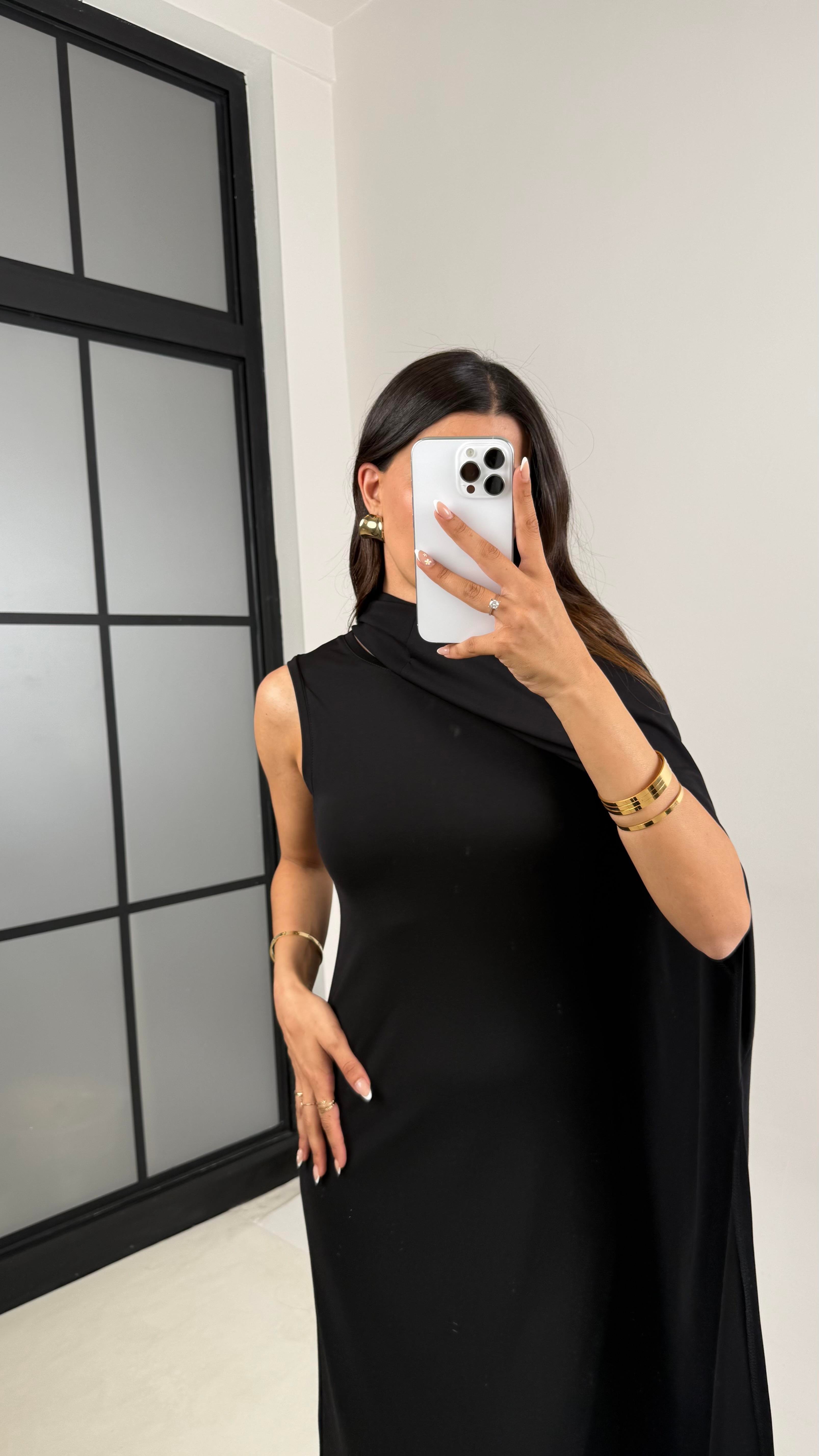 Siyah Pelerinli Elbise Modal Premium Takım Gaus00625GausTAKIMGU1002458