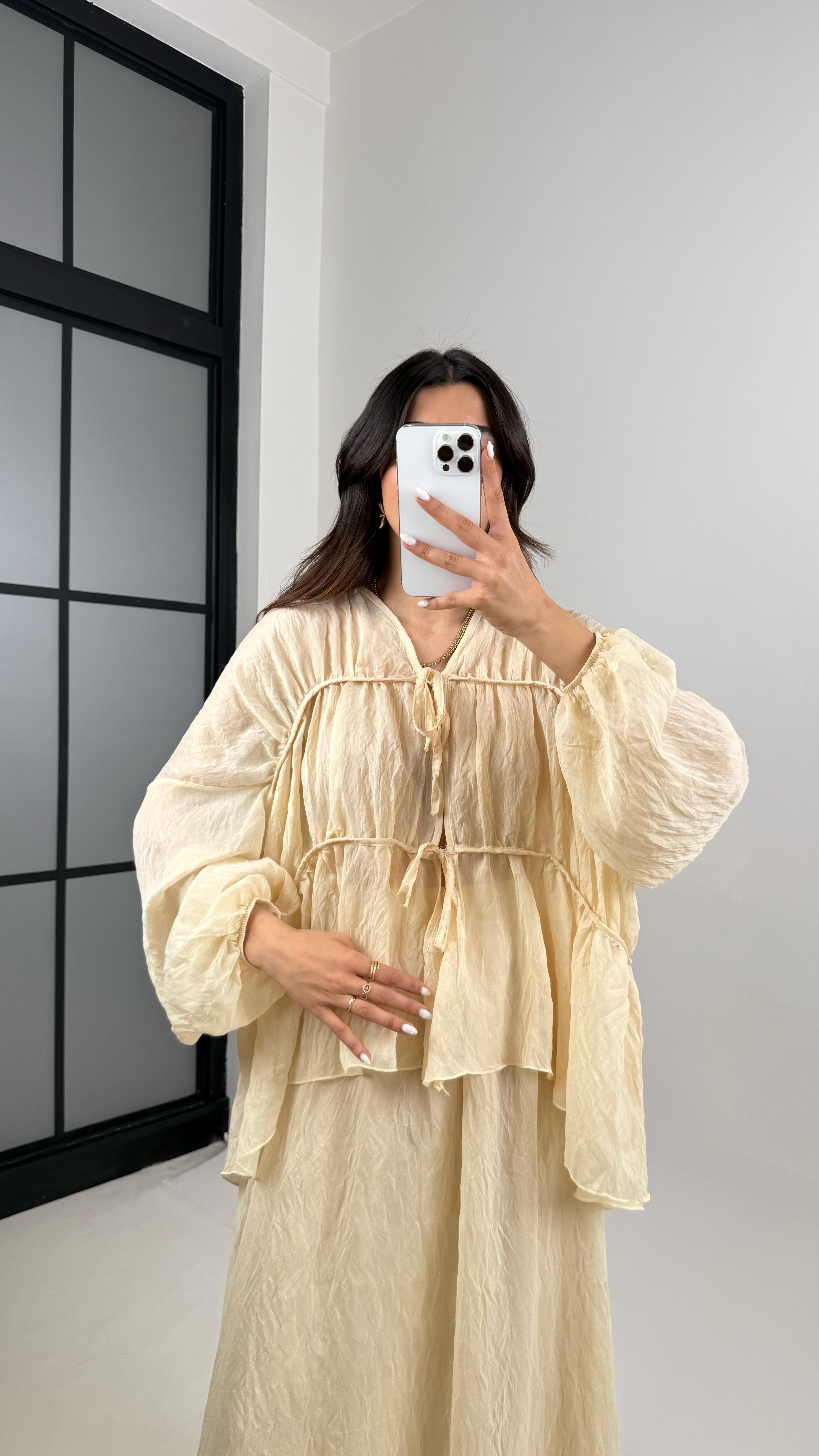 Taş Gipeli Önden Bağlamalı Üst Astarlı Etek İkili Kırışık Kumaş Takım Gaus00426GausTAKIMGU1001995