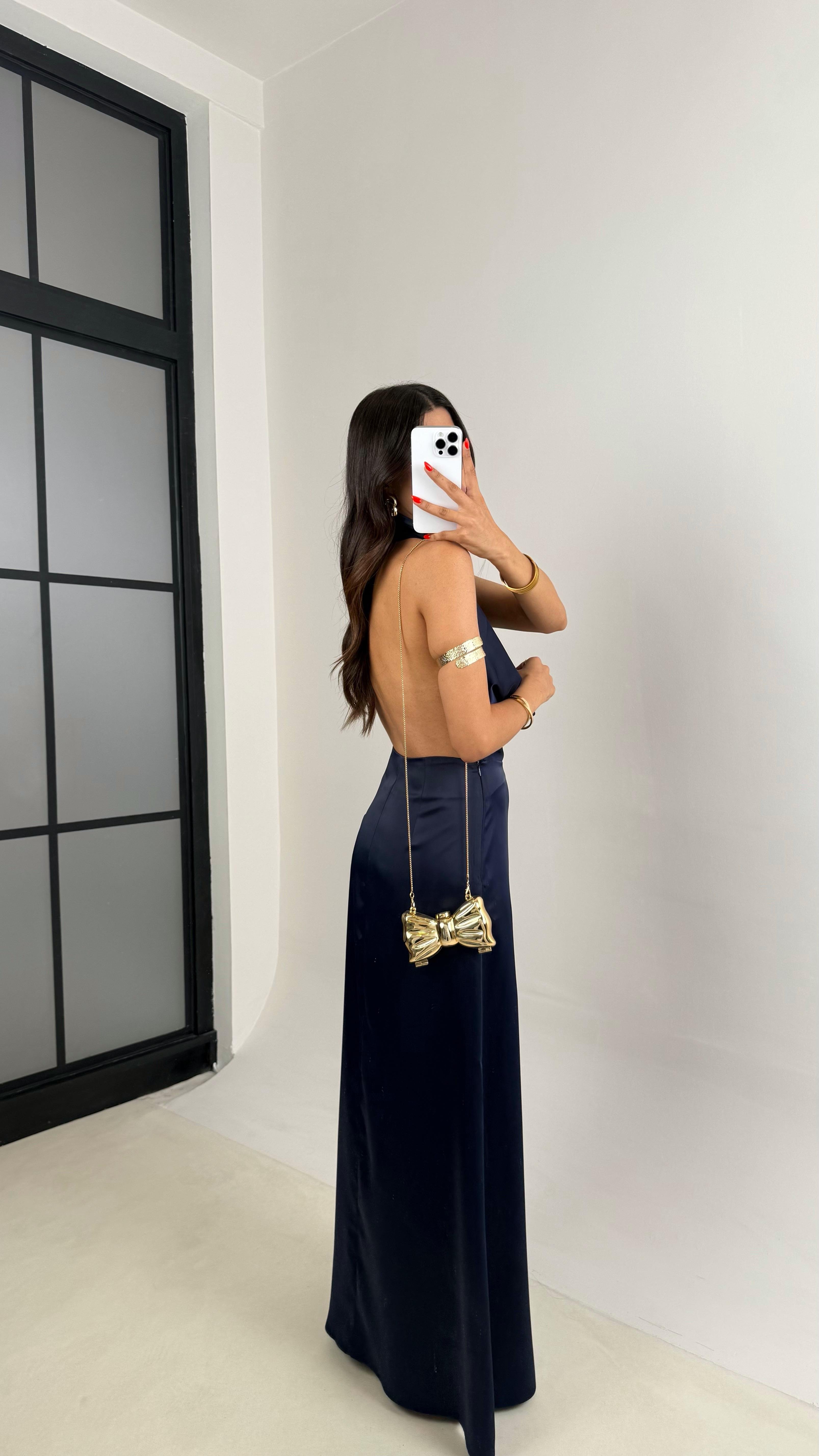 Lacivert Sırt Dekolteli Degaje Yaka Saten Elbise GAUS-002GAUSELBİSEGAUS-002