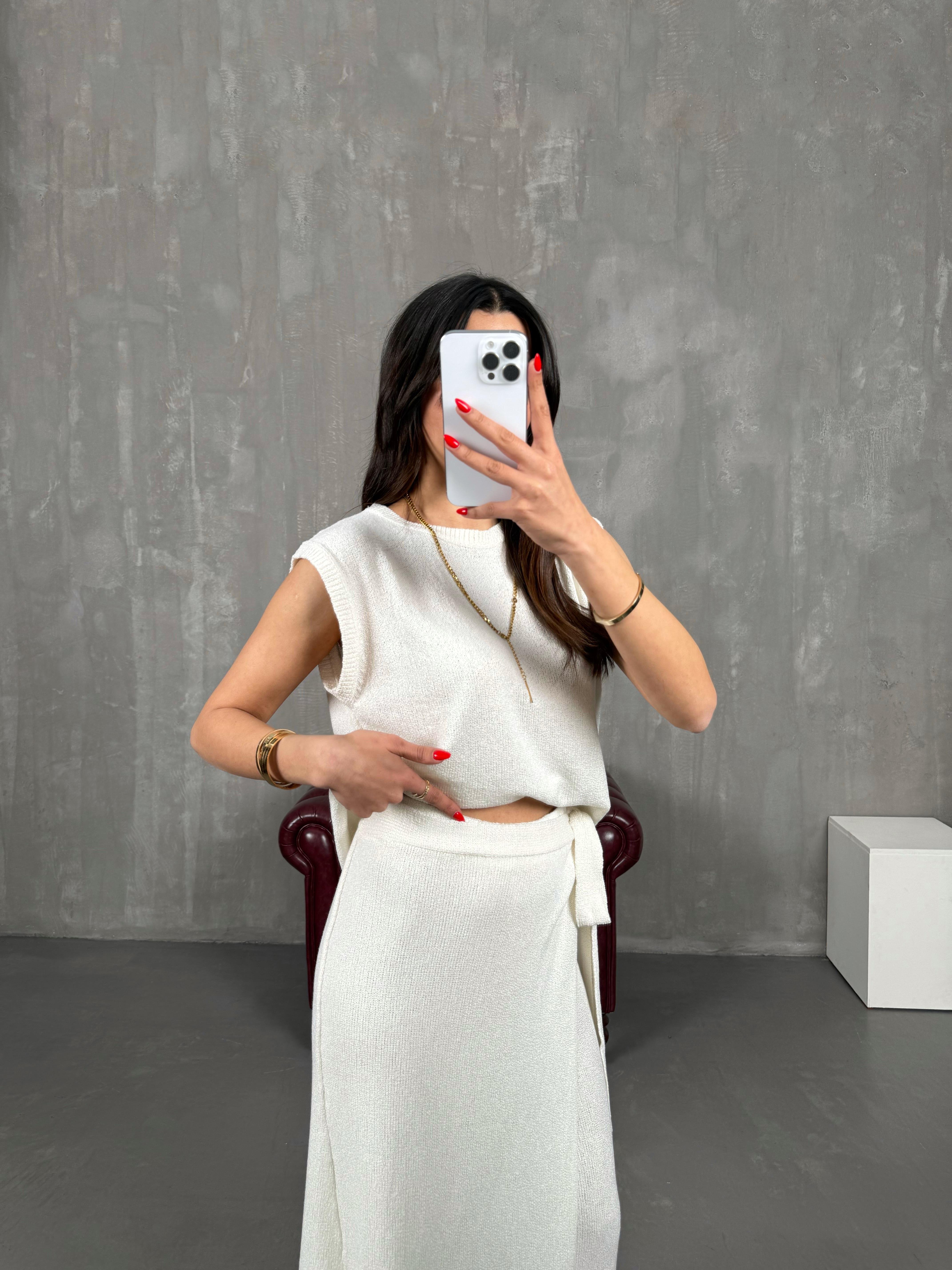 Krem Etekli Pantolon Sıfır Kol Triko Takım Gaus00174GausTAKIMGU1001402