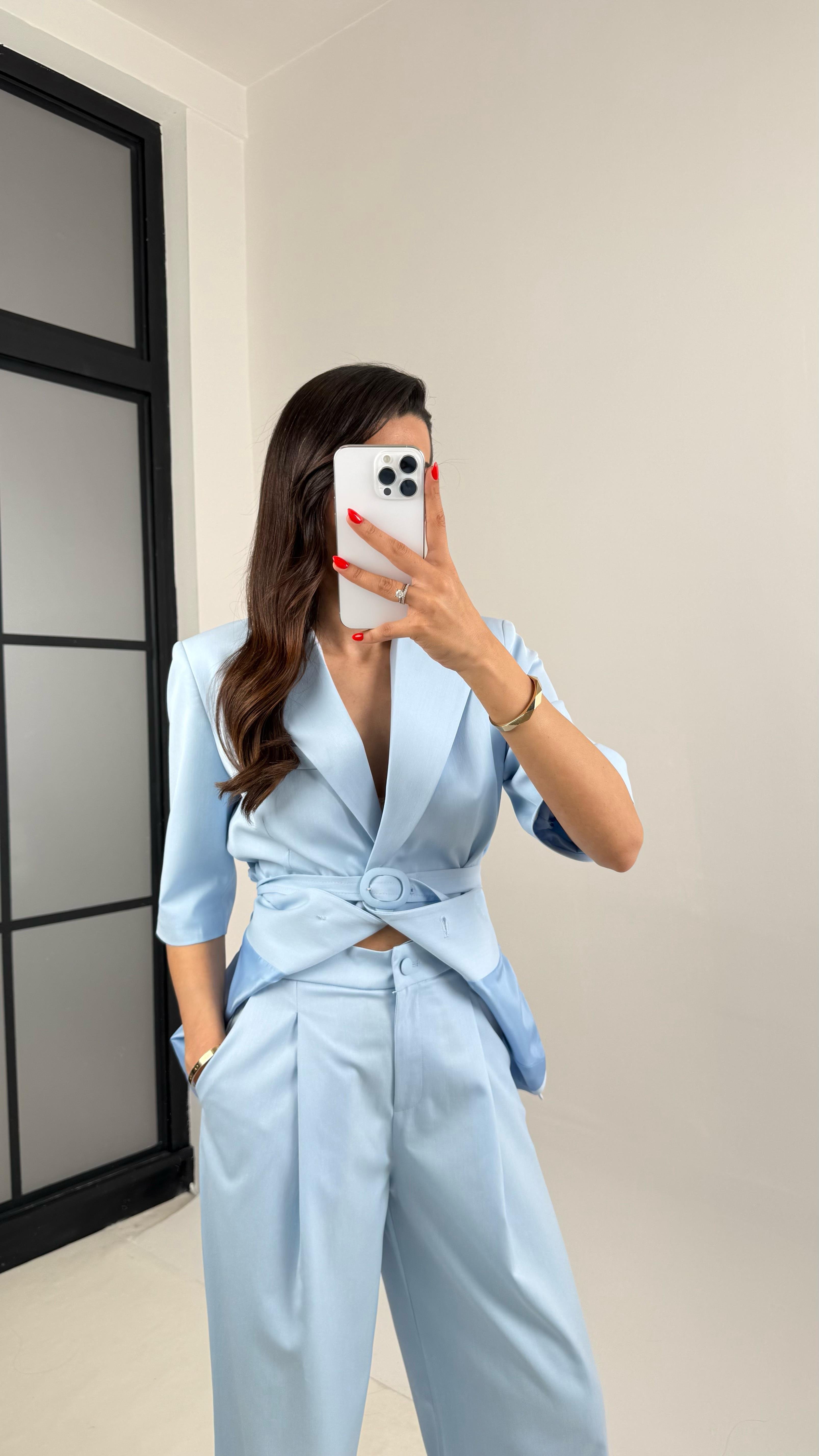 Mavi Yarım Kol Astarlı Vatkalı Kemerli Ceket Pantolon İkili Premium Takım Gaus00453GausTAKIMGU1002058