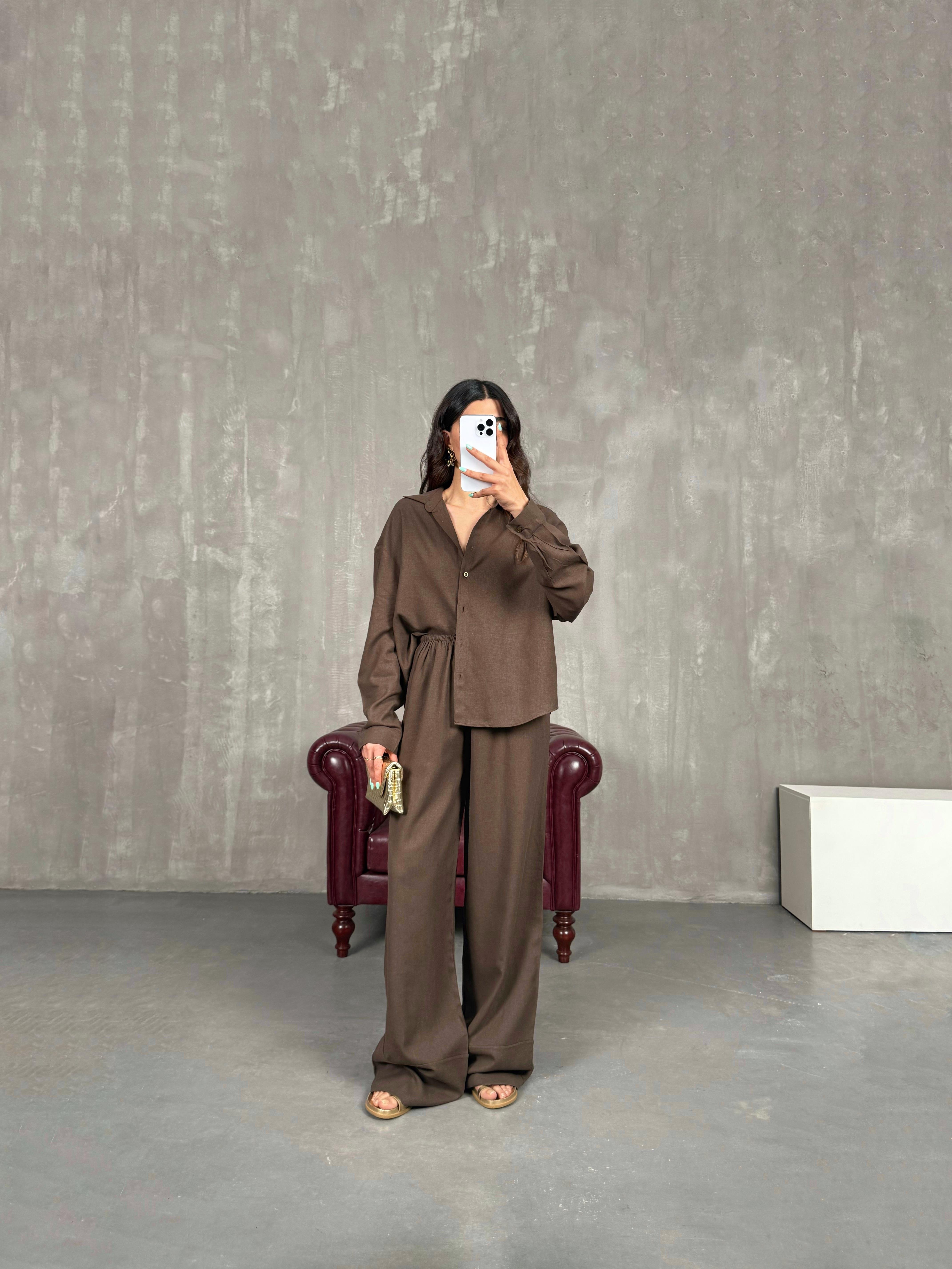 Acı Kahve Beli Lastikli Keten Takım Gaus00224GausTAKIMGU1001517