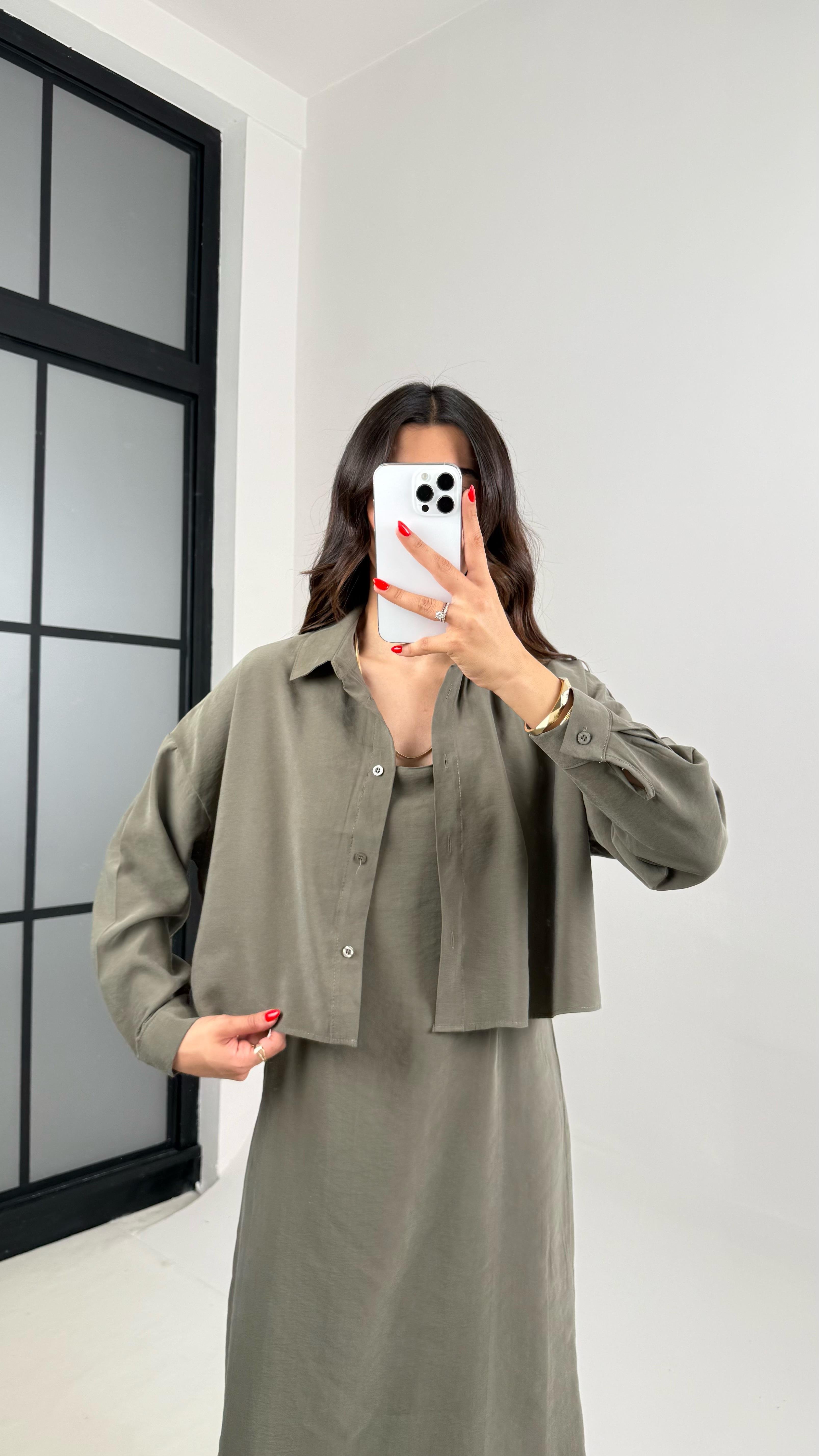 Haki Ayarlanabilir Askılı Elbise Gömlek İkili Tensel Takım Gaus00467GausTAKIMGU1002094