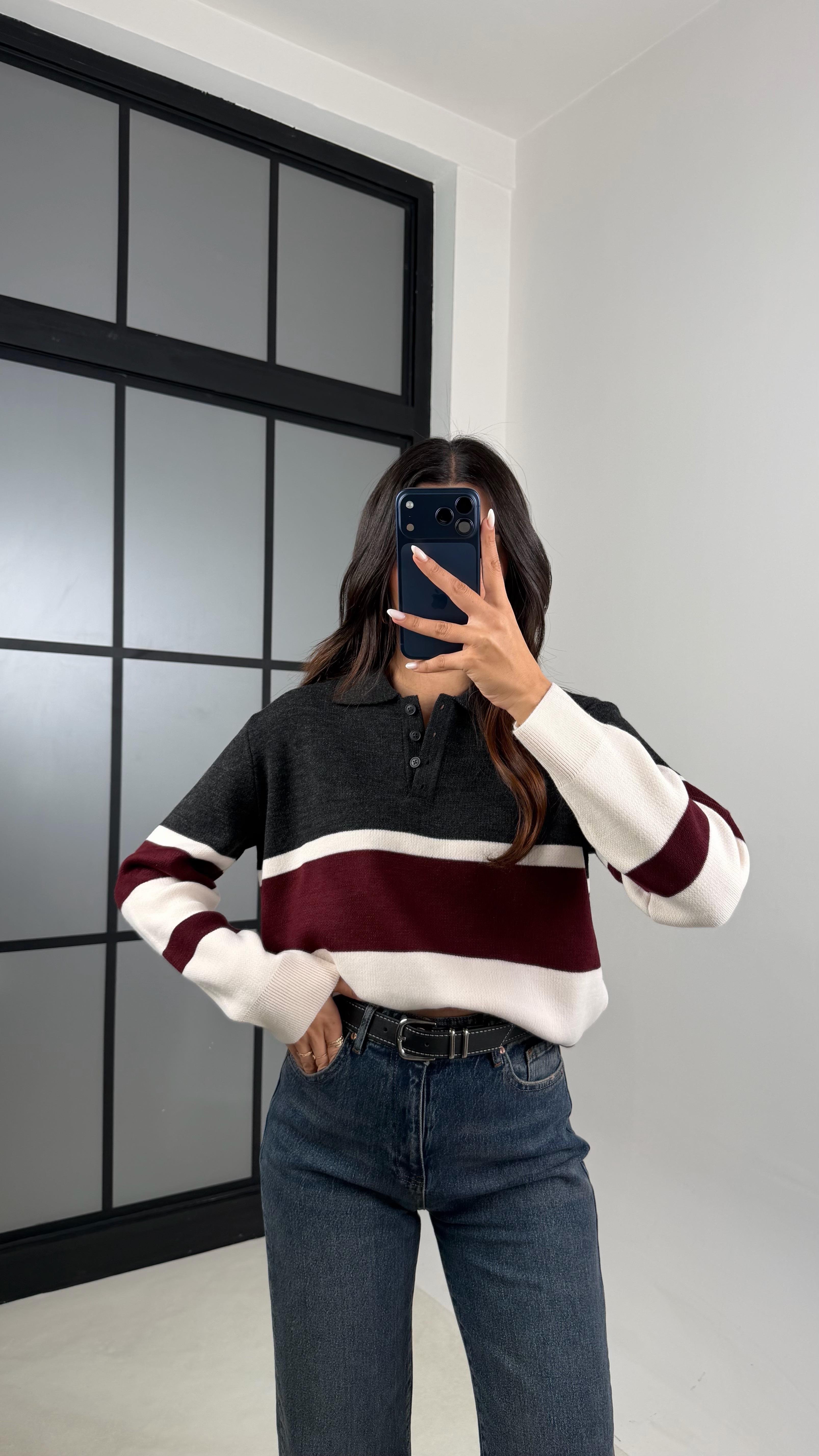 Antrasit Bordo Şeritli Polo Yaka Triko Kazak GAUS-00577GAUS الكنزات GAUS-00577