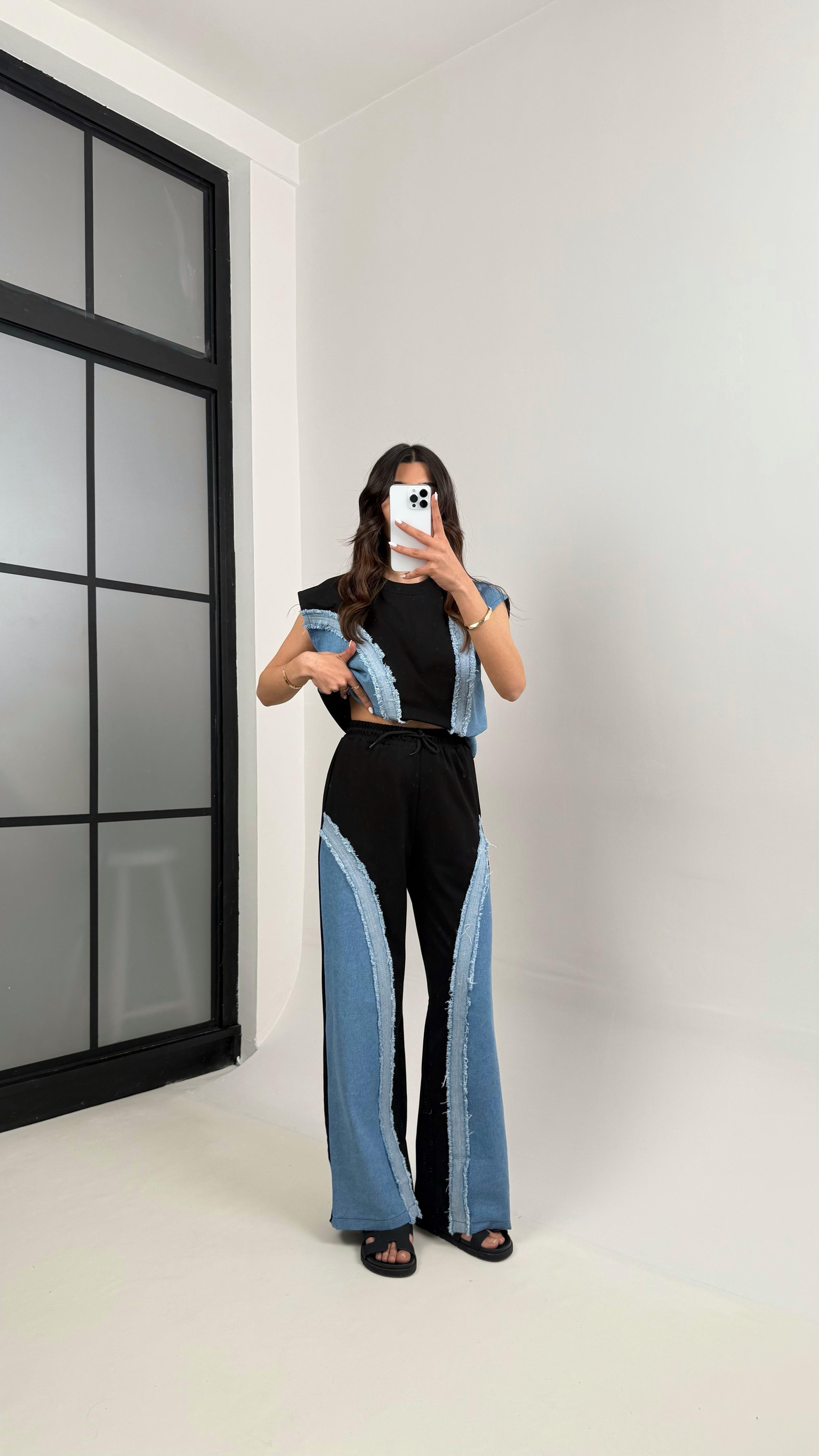 Siyah Dalga Desen Püskül Detaylı Denim Tasarım Takım Gaus00342GausTAKIMGU1001796