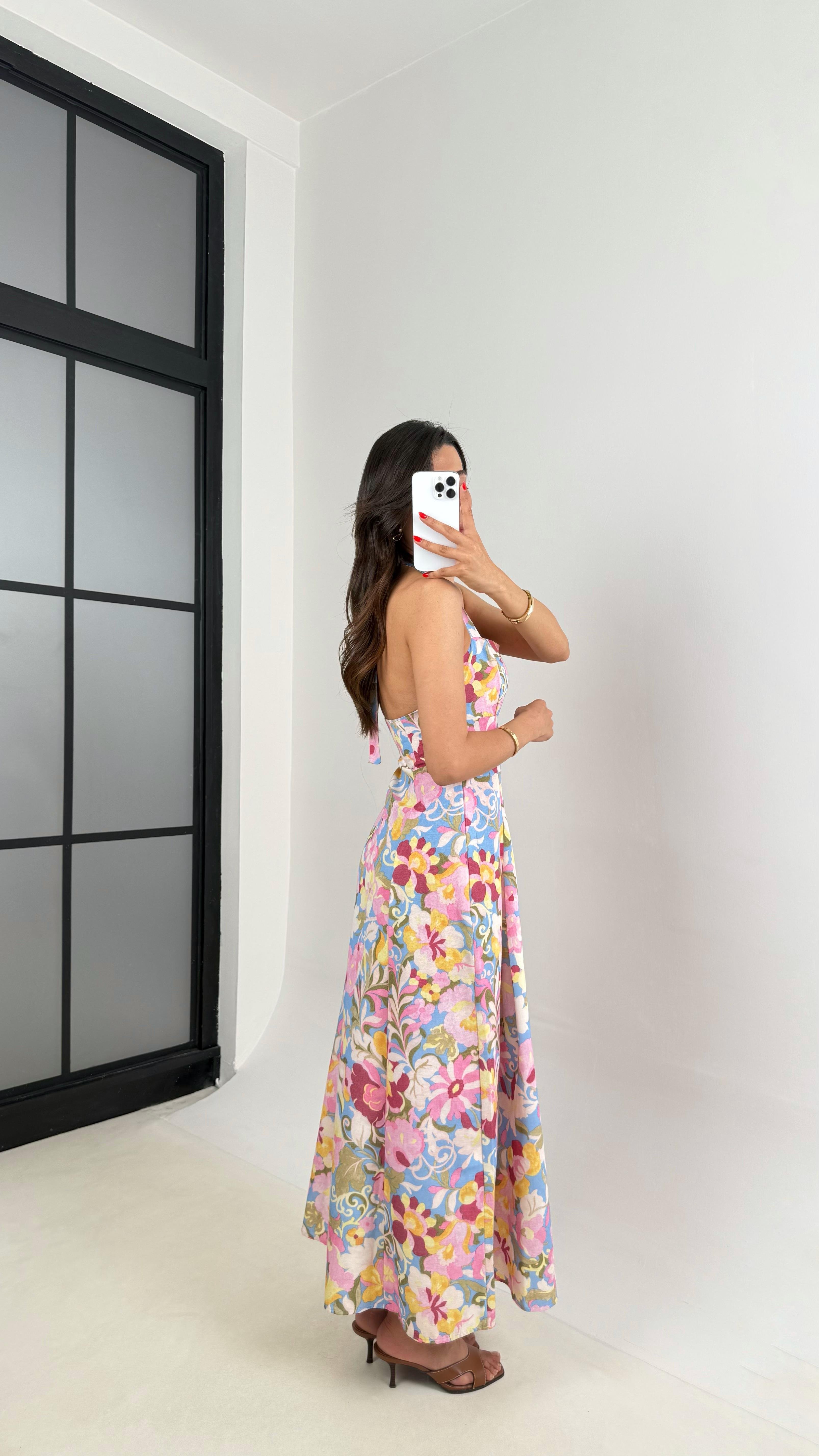 Floral Desenli Boyundan Bağlamalı Keten Elbise Gaus00515GausELBİSEGU1002208