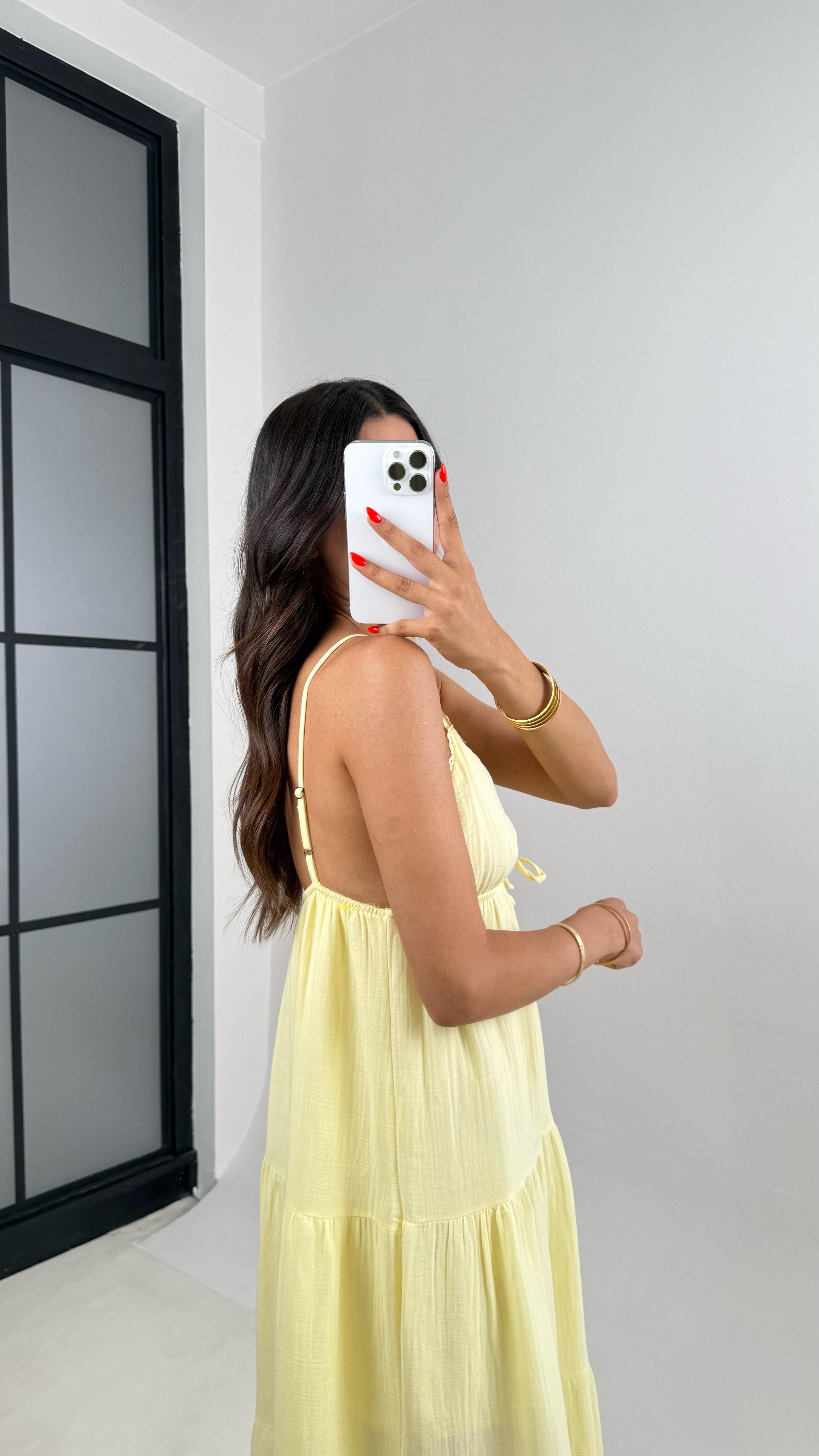 Sarı Ayarlanabilir Askılı Dantel Detaylı Müslin Elbise GAUS-001GAUSELBİSEGAUS-001