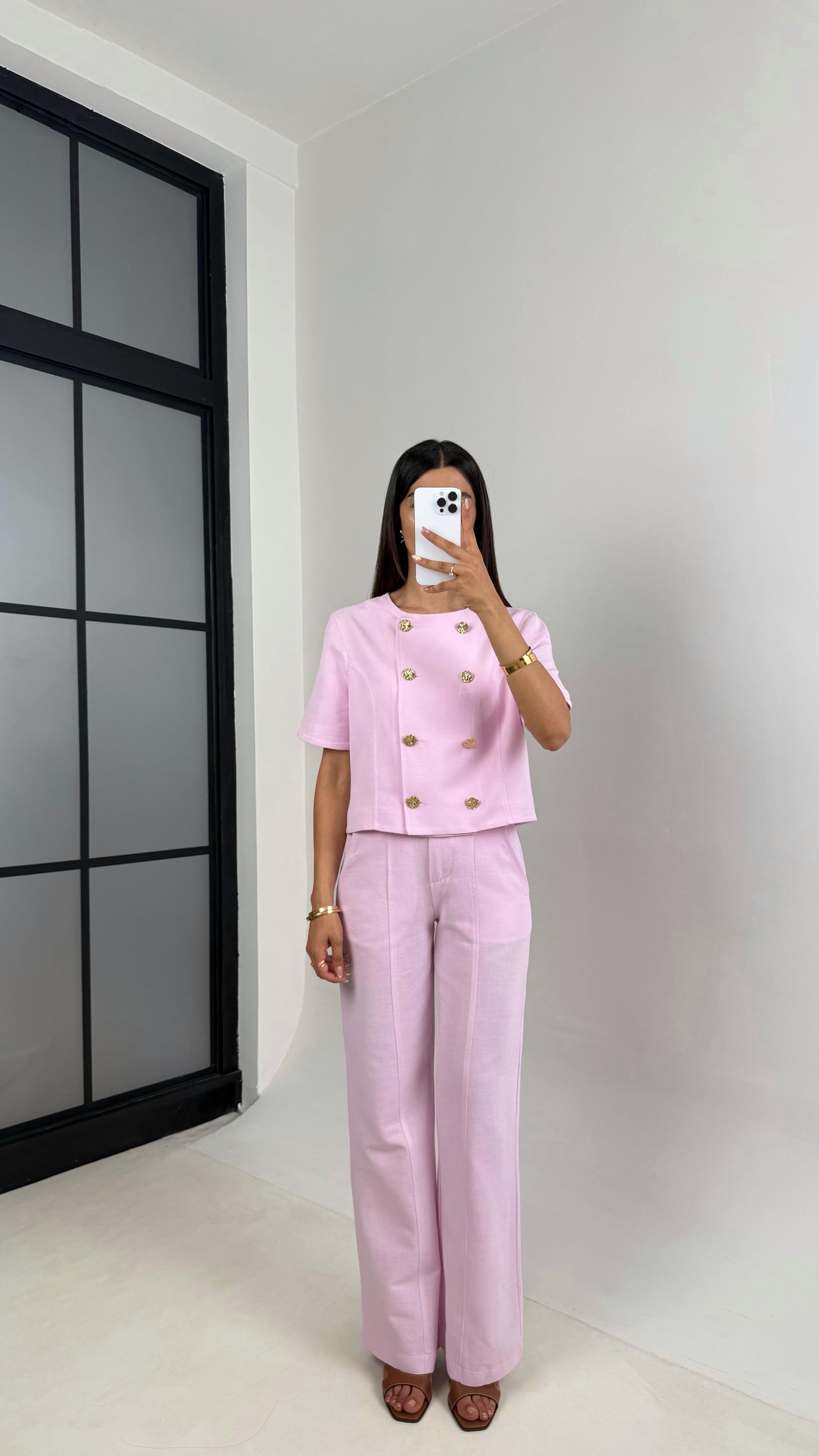 Pembe Önü Düğmeli Astarlı Yelek Cepli Pantolon İkili Keten Takım Gaus00670GausTAKIMGU1002547